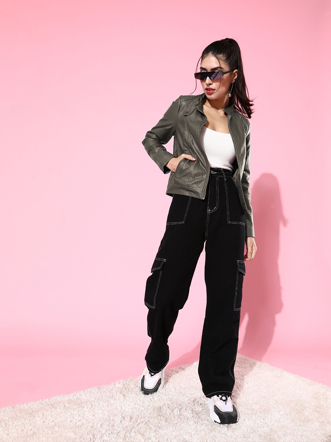 

HERE&NOW Women Charcoal Solid Biker Jacket