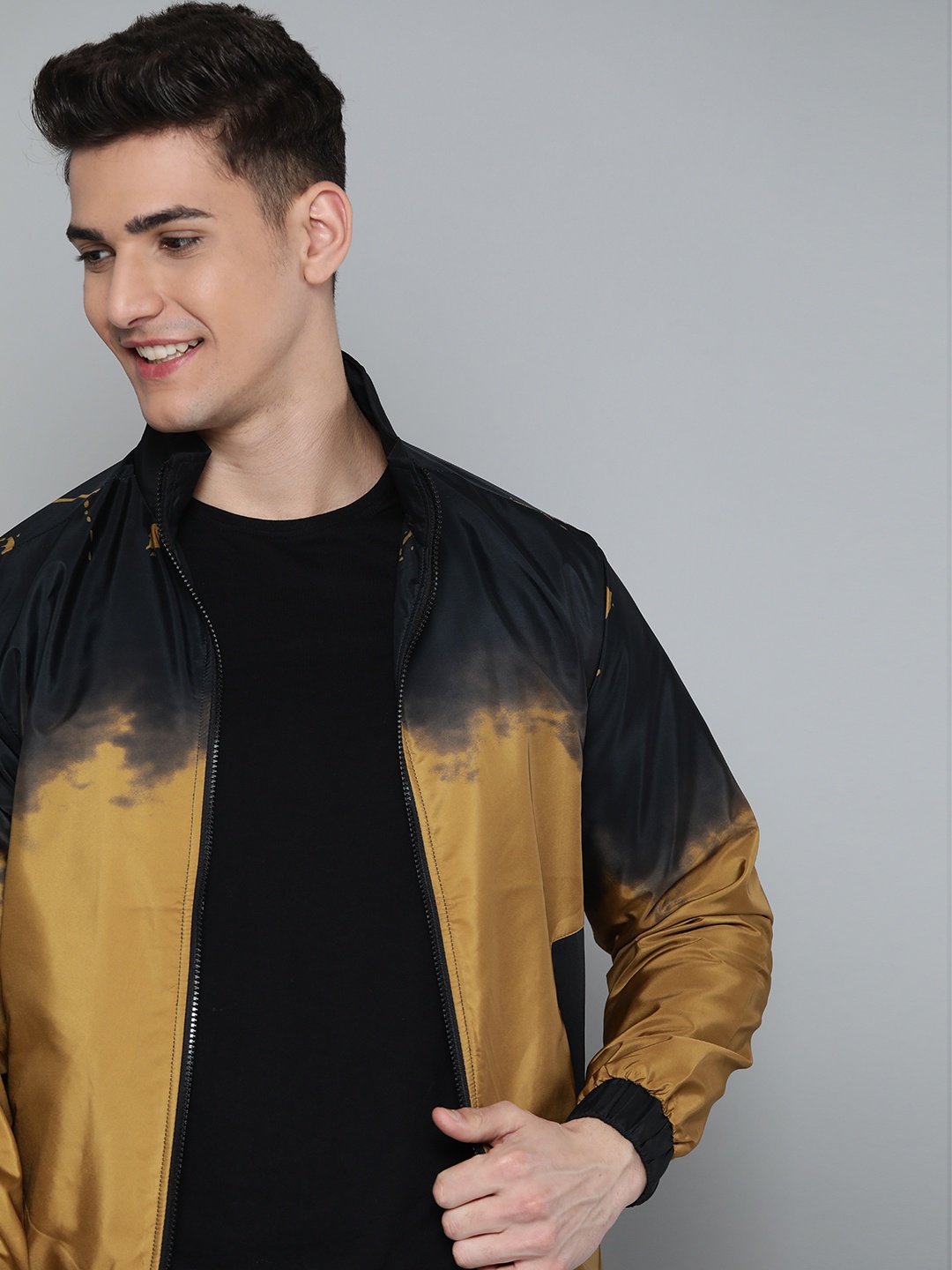 

HERE&NOW Men Black & Mustard Brown Ombre Bomber Jacket