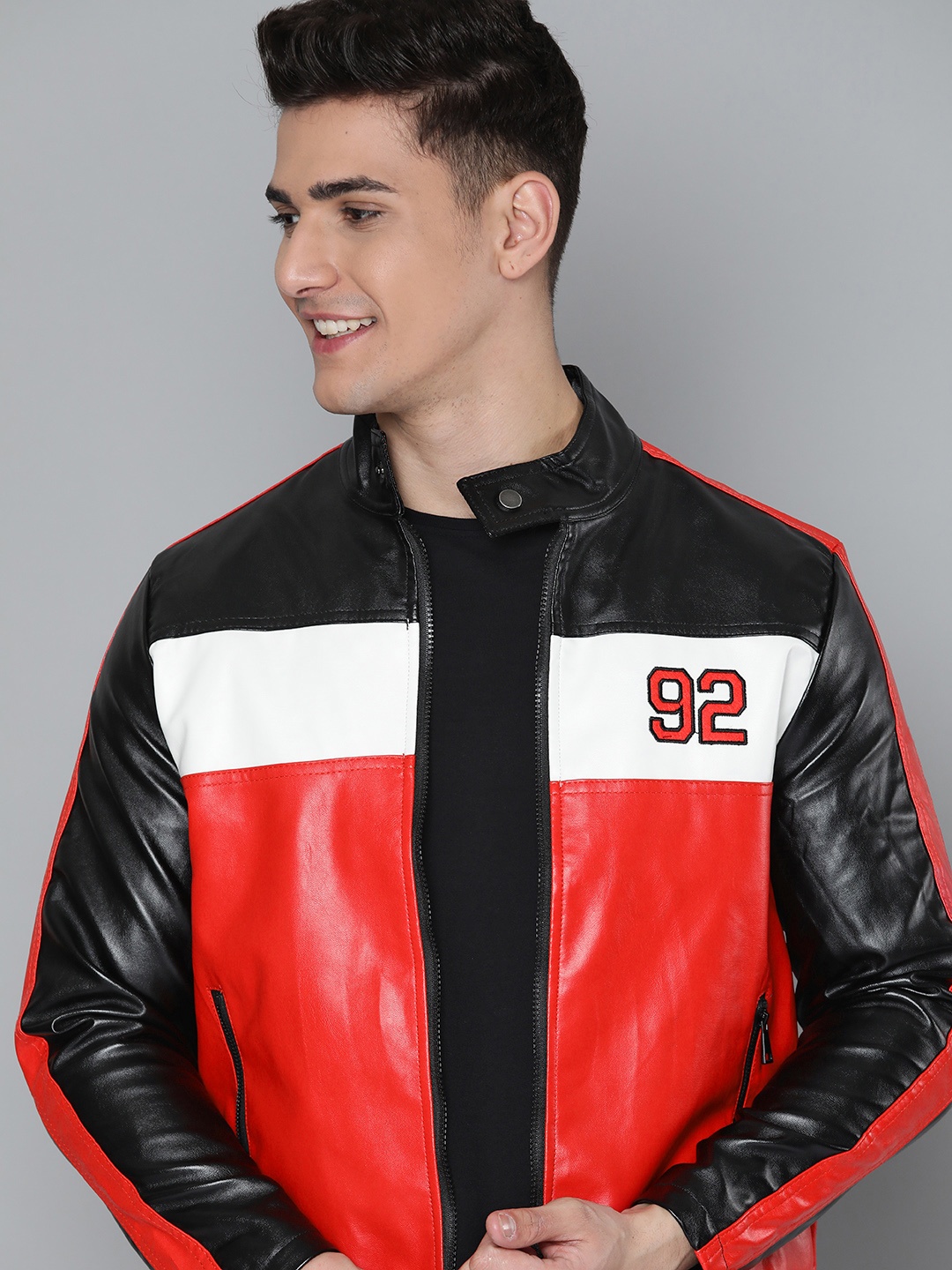 

HERE&NOW Men Red & Black Colourblocked Biker Jacket