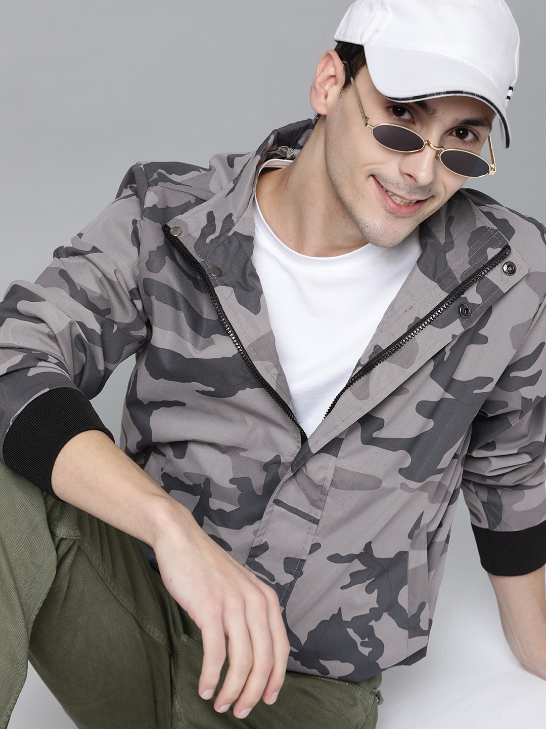 

HERE&NOW Men Grey Camouflage Print Bomber Jacket