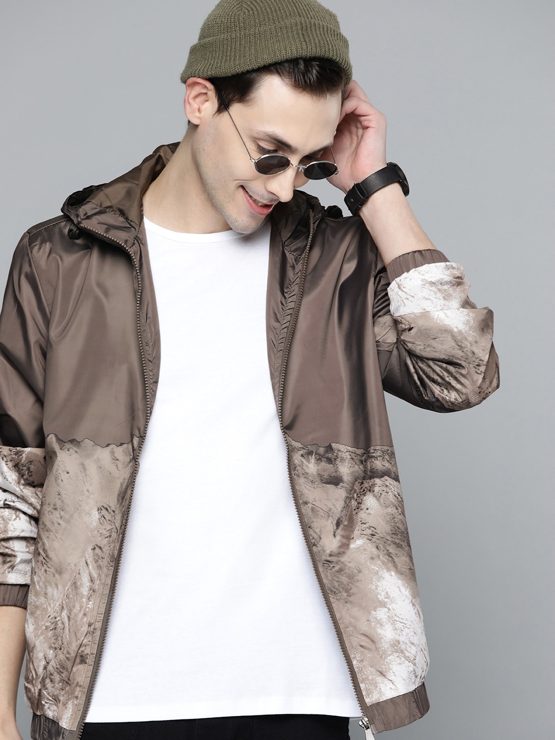 

HERE&NOW Men Brown & Off-White Printed Tailored Jacket