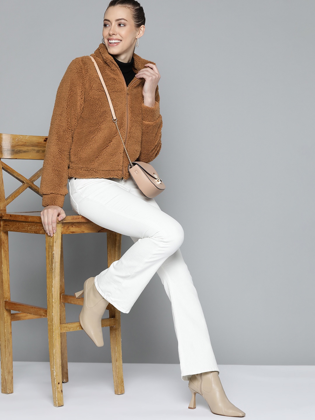 

HERE&NOW Women Chic Brown Solid Fleece Jacket