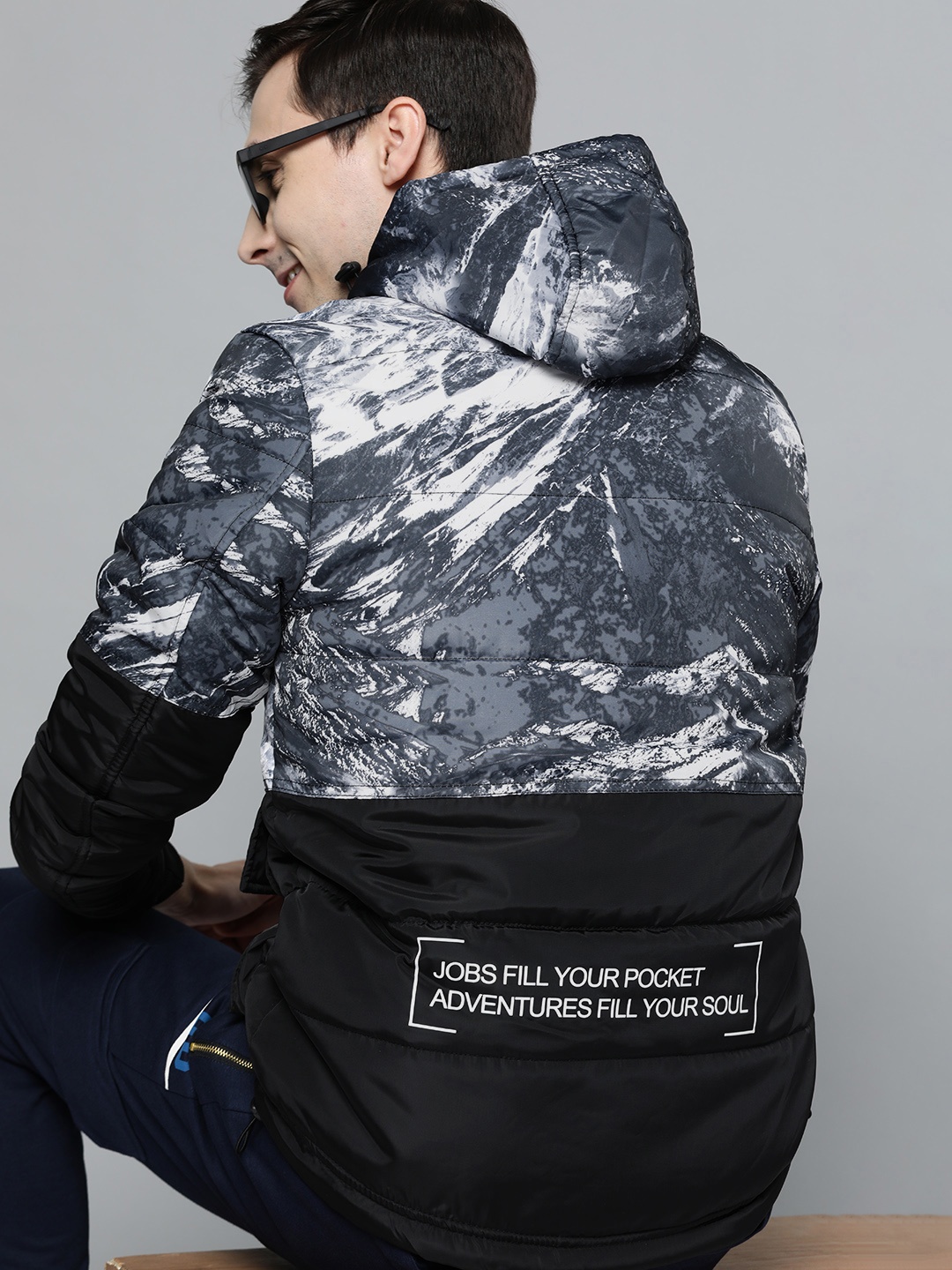 

HERE&NOW Men Grey & Black Colorblocked Bomber Jacket