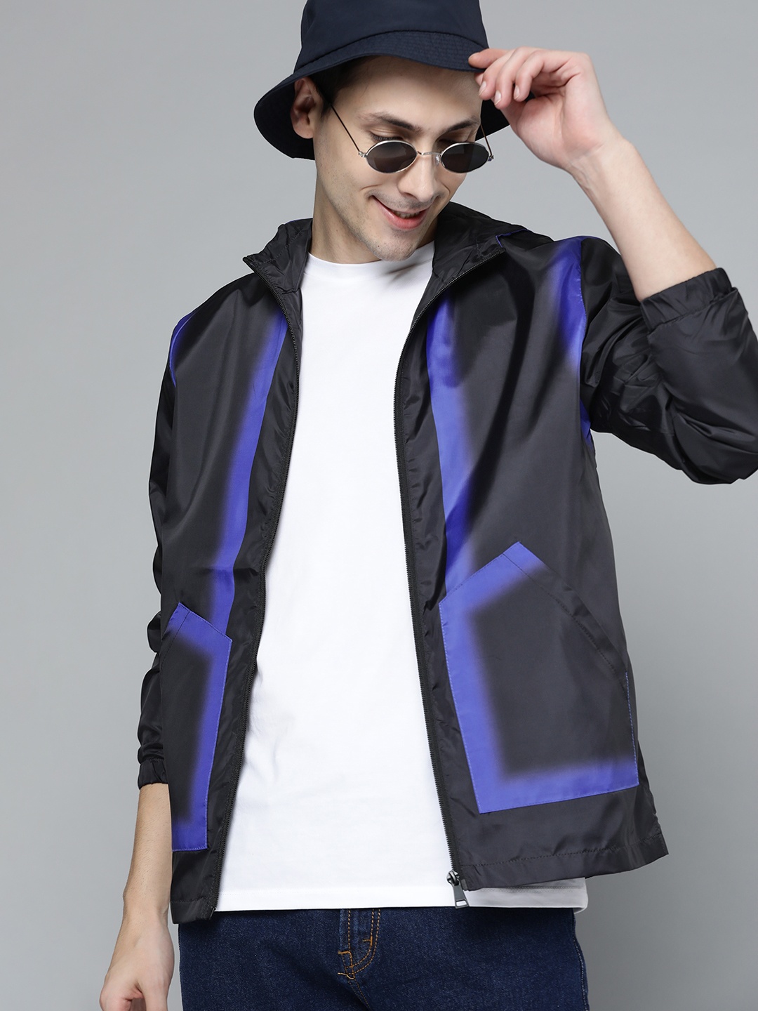 

HERE&NOW Men Black & Blue Hooded Tailored Jacket