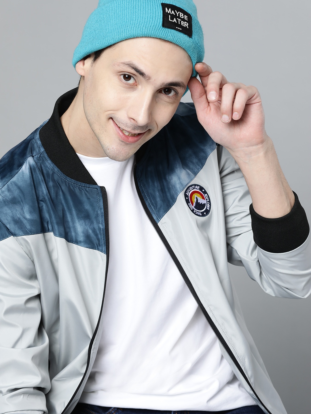

HERE&NOW Men Grey & Navy Blue Colourblocked Bomber Jacket