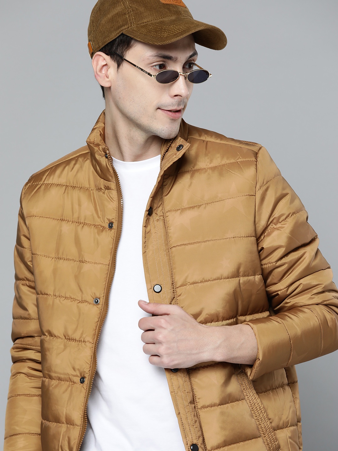 

HERE&NOW Men Mustard Brown Solid Padded Jacket