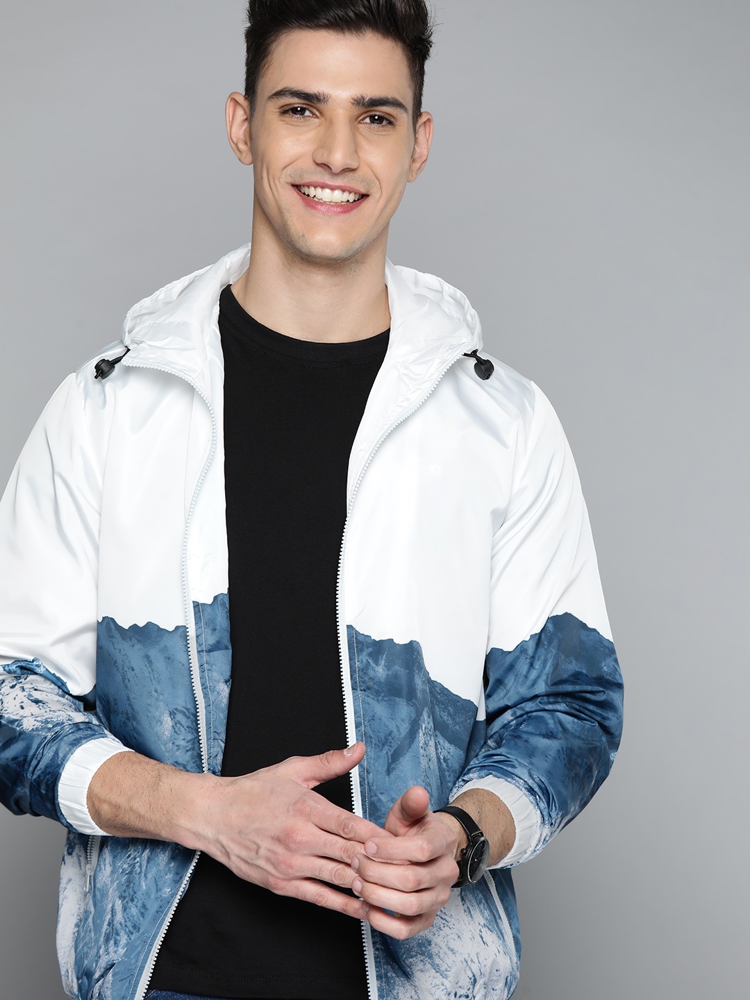 

HERE&NOW Men White & Blue Printed Hooded Tailored Jacket