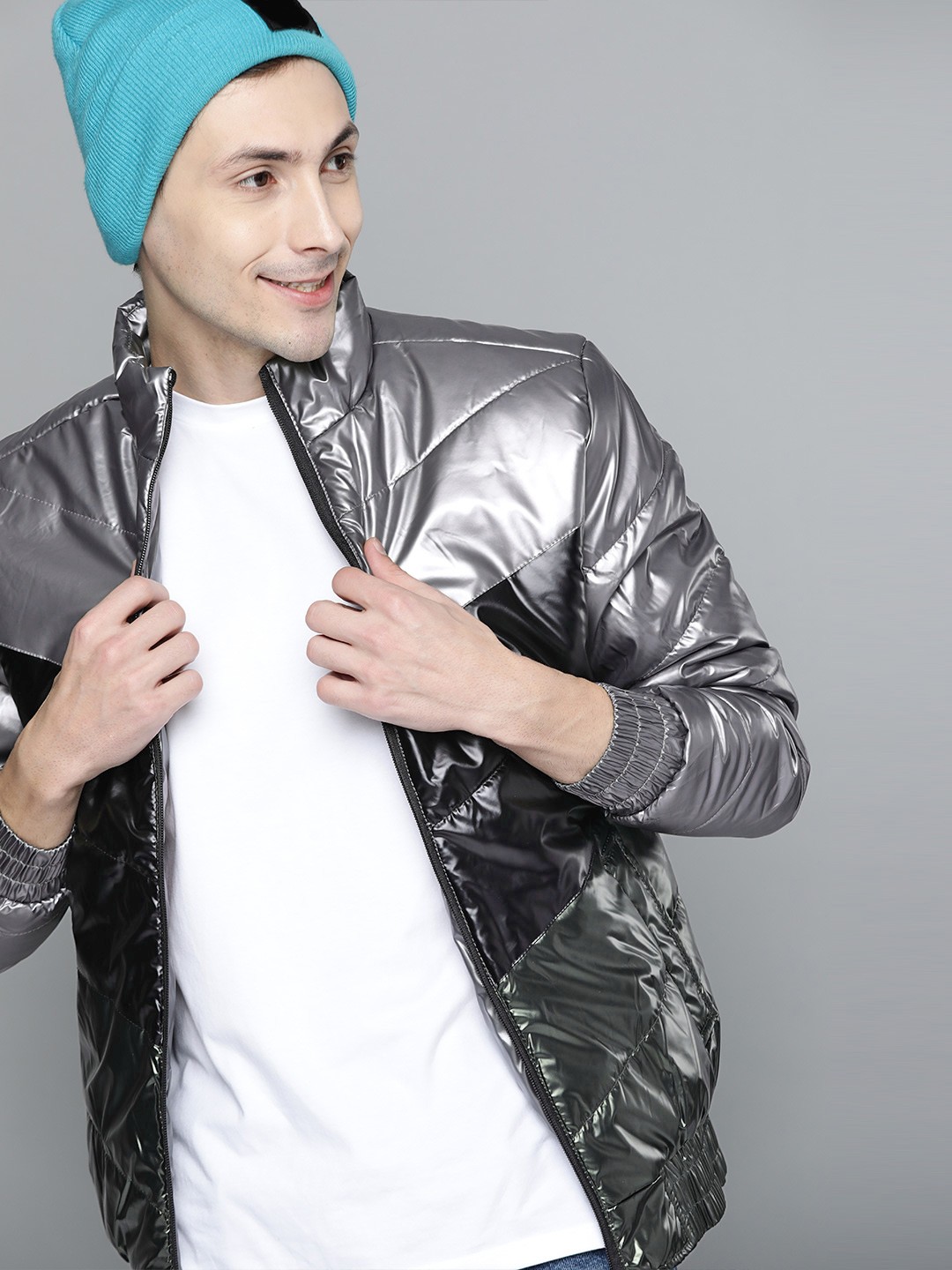 

HERE&NOW Men Silver & Black Colourblocked Padded Jacket