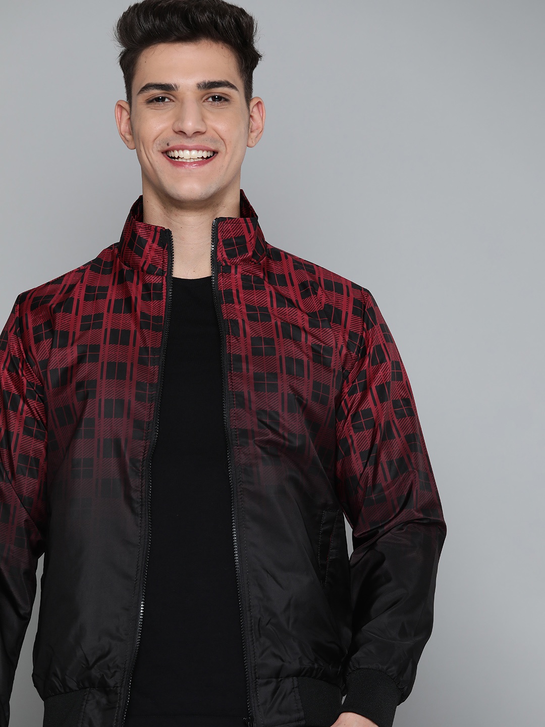 

HERE&NOW Men Maroon Black Ombre Bomber Jacket