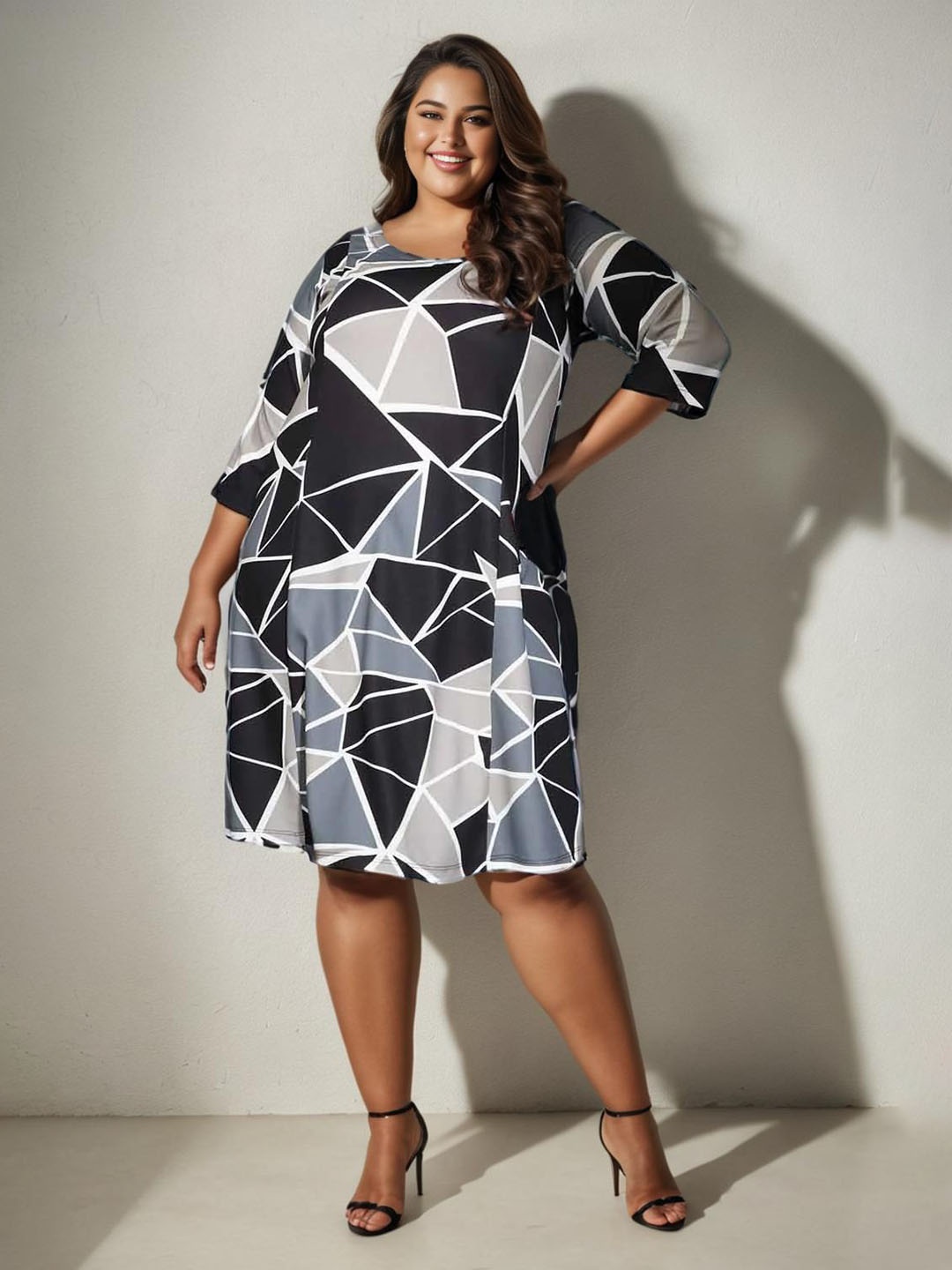 

Amydus Women Plus Size Grey & Black Printed Fit and Flare Dress