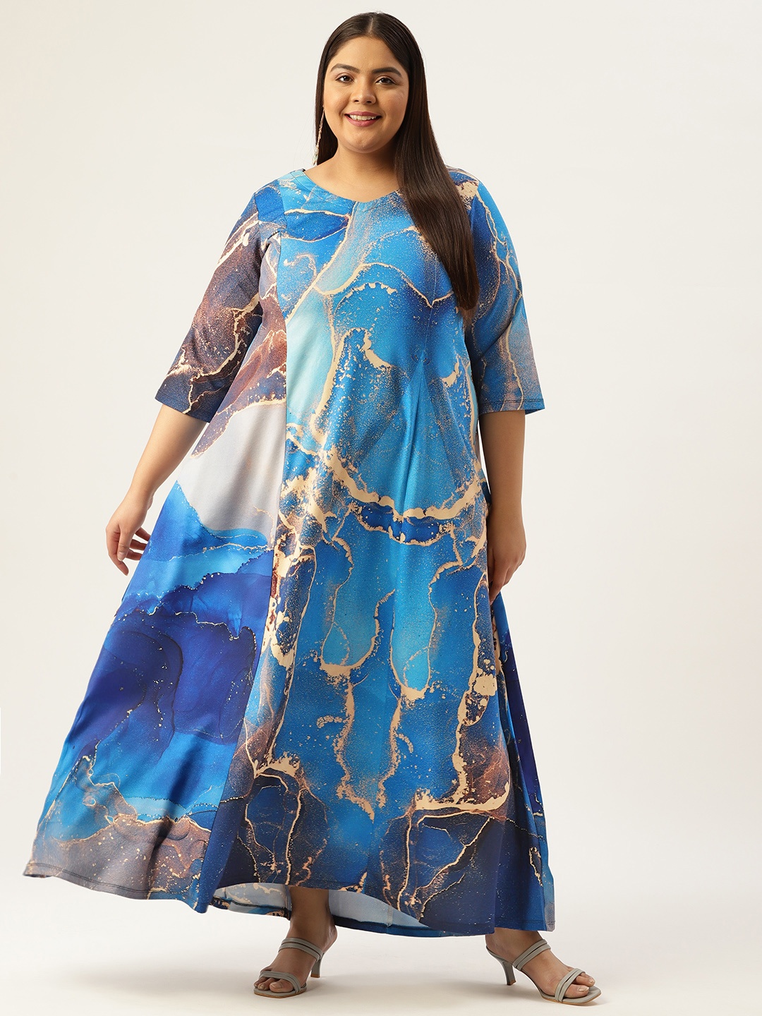 

Amydus Plus Size Blue & Golden Printed Maxi Dress