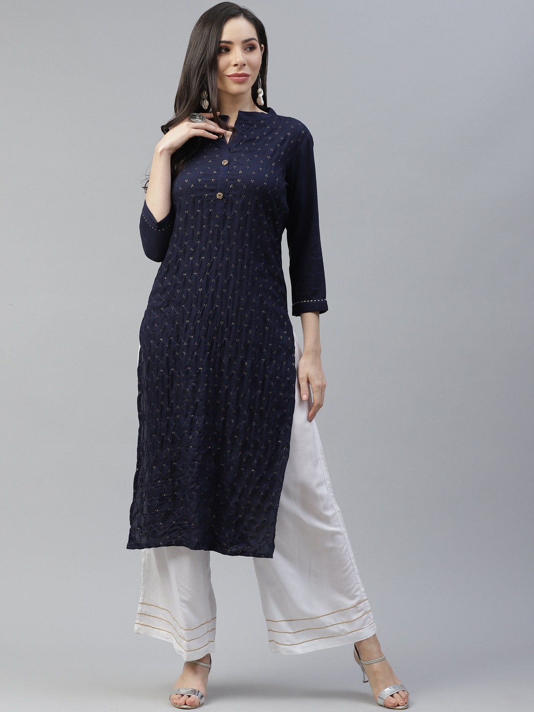 

Yufta Women Navy Blue Embroidered Sequinned Kurta with Palazzos