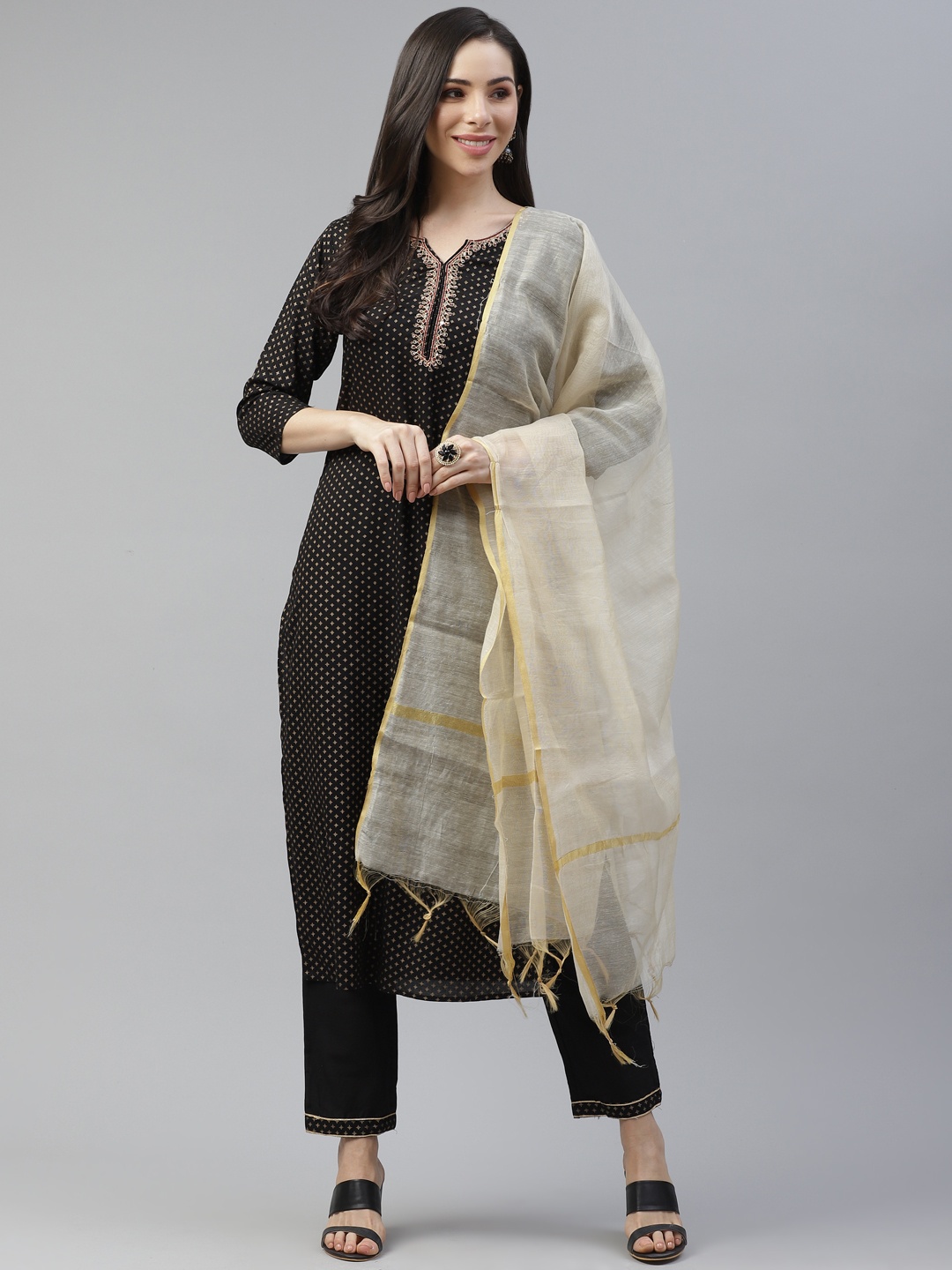 

Yufta Women Black & Golden Printed Kurta with Trousers & With Dupatta