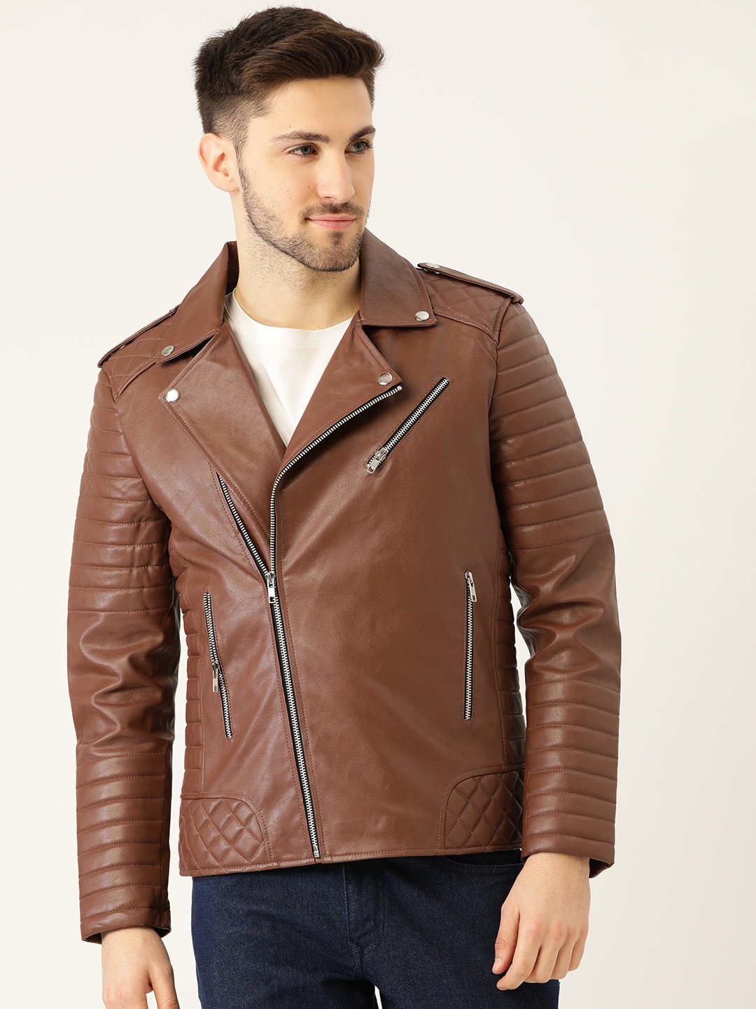 

Leather Retail Men Brown Asymmetric Closure Leather Jacket