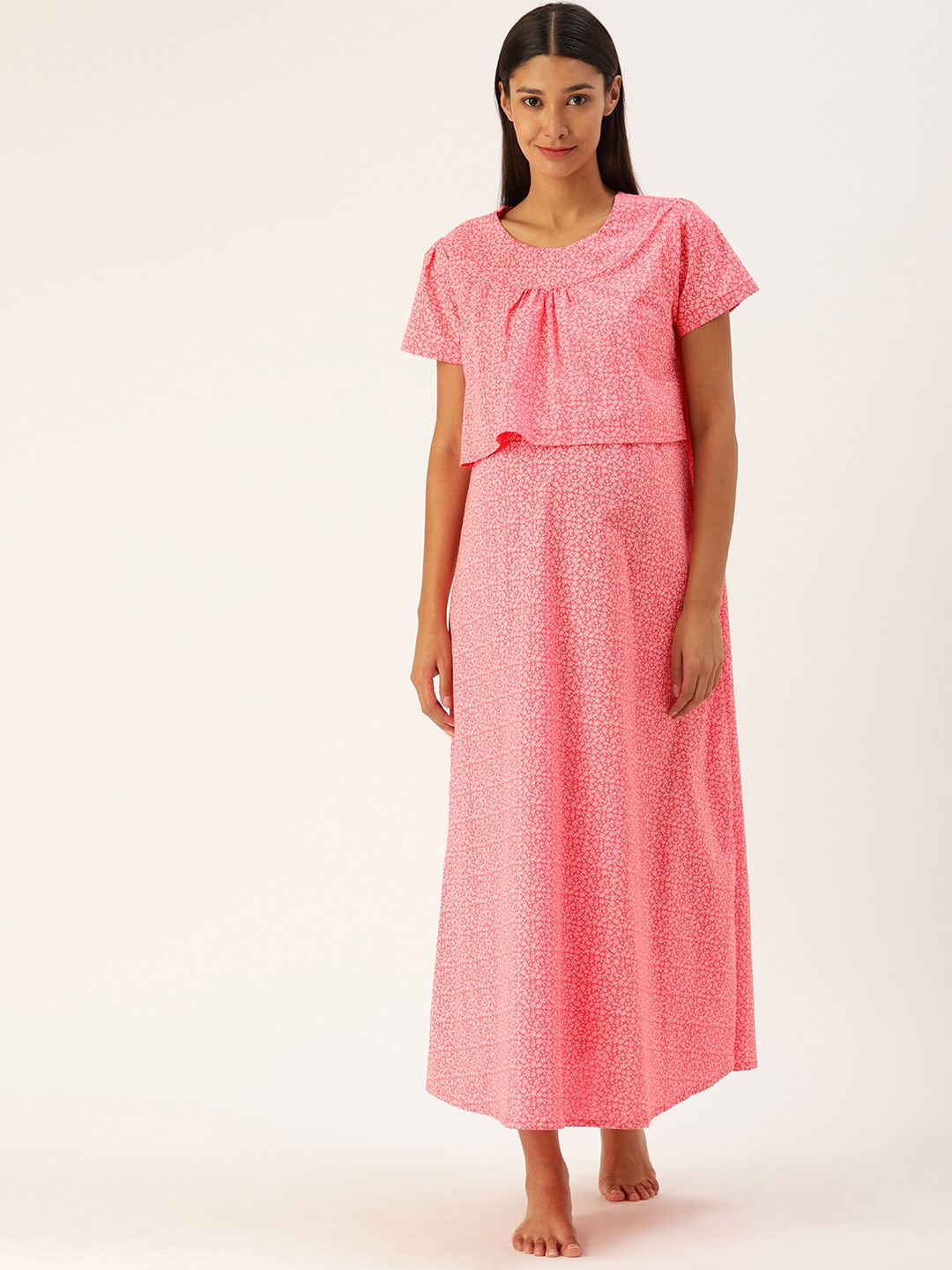 

Nejo Pink & White Printed Nursing Maxi Nightdress