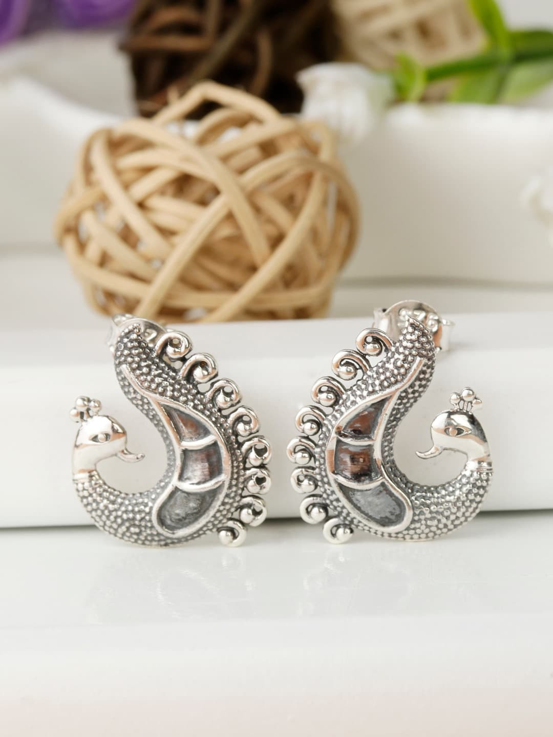 

GIVA 925 Sterling Silver Women Silver-Toned Oxidised Peacock Earrings