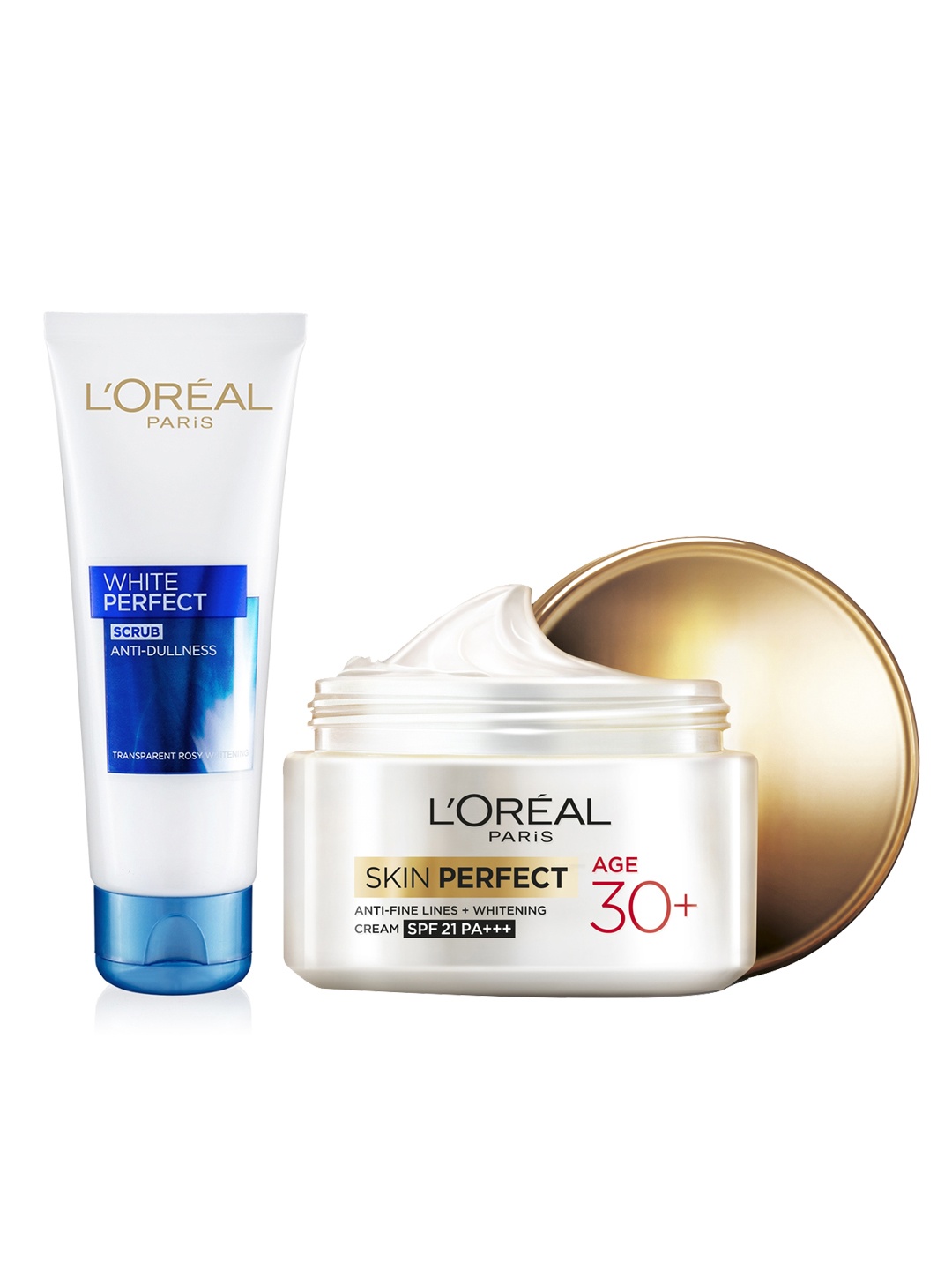 

LOreal Paris Set of White Perfect Anti-Dullness Scrub & Skin Perfect Whitening Cream, Blue