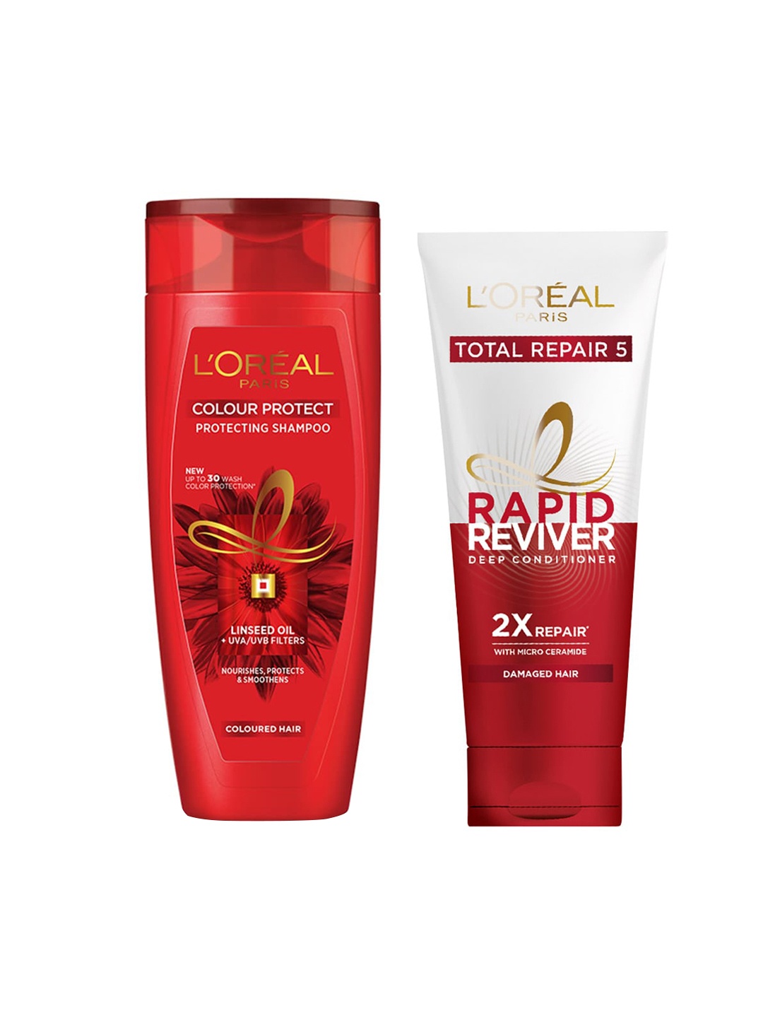 

Loreal Paris Set of Colour Protect Shampoo & Rapid Reviver Total Repair 5 Deep Conditioner, White