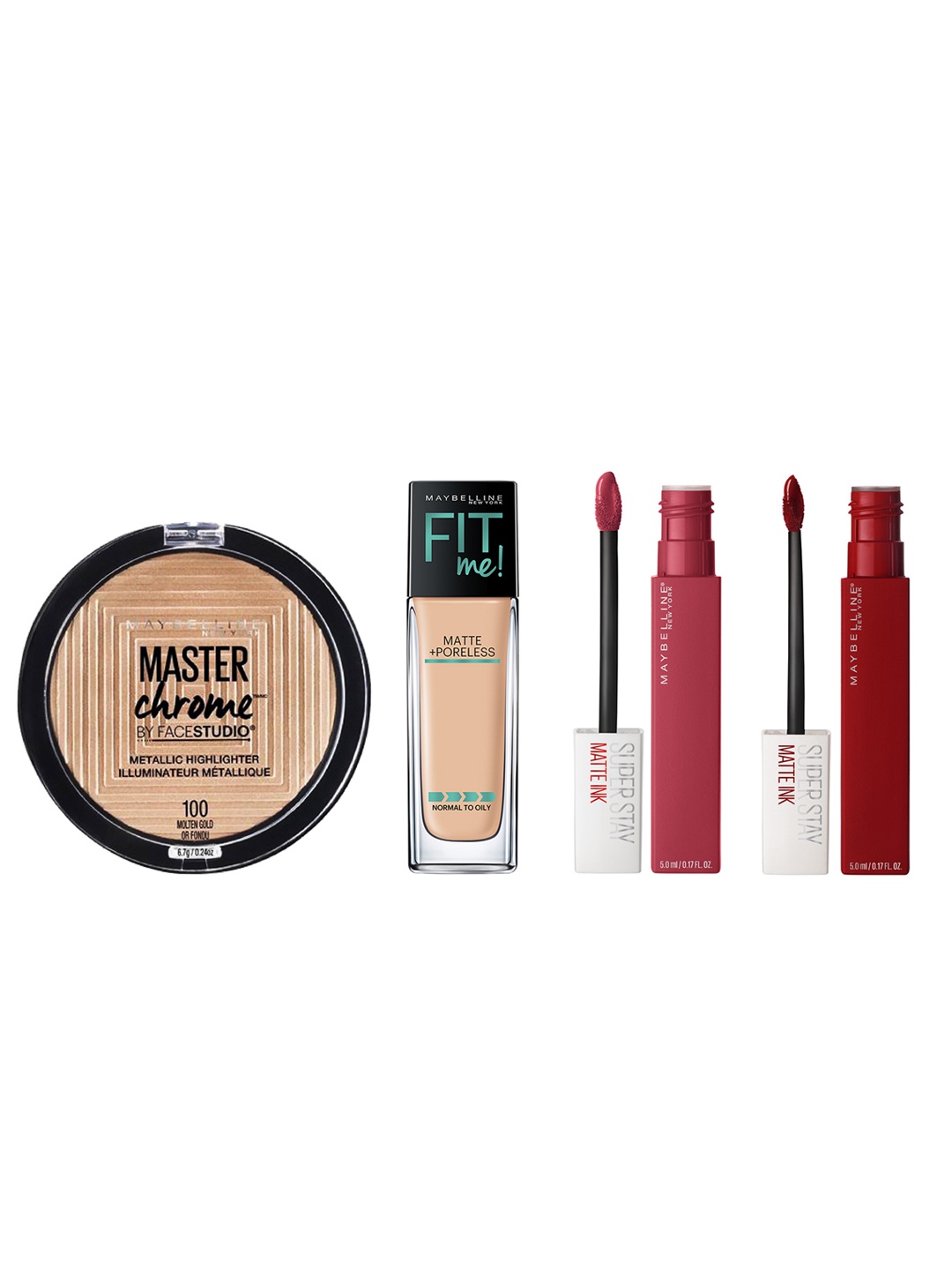 

Maybelline New York Set Of Metallic Highlighter- Foundation- Matte Ink Liquid Lipstick, Red