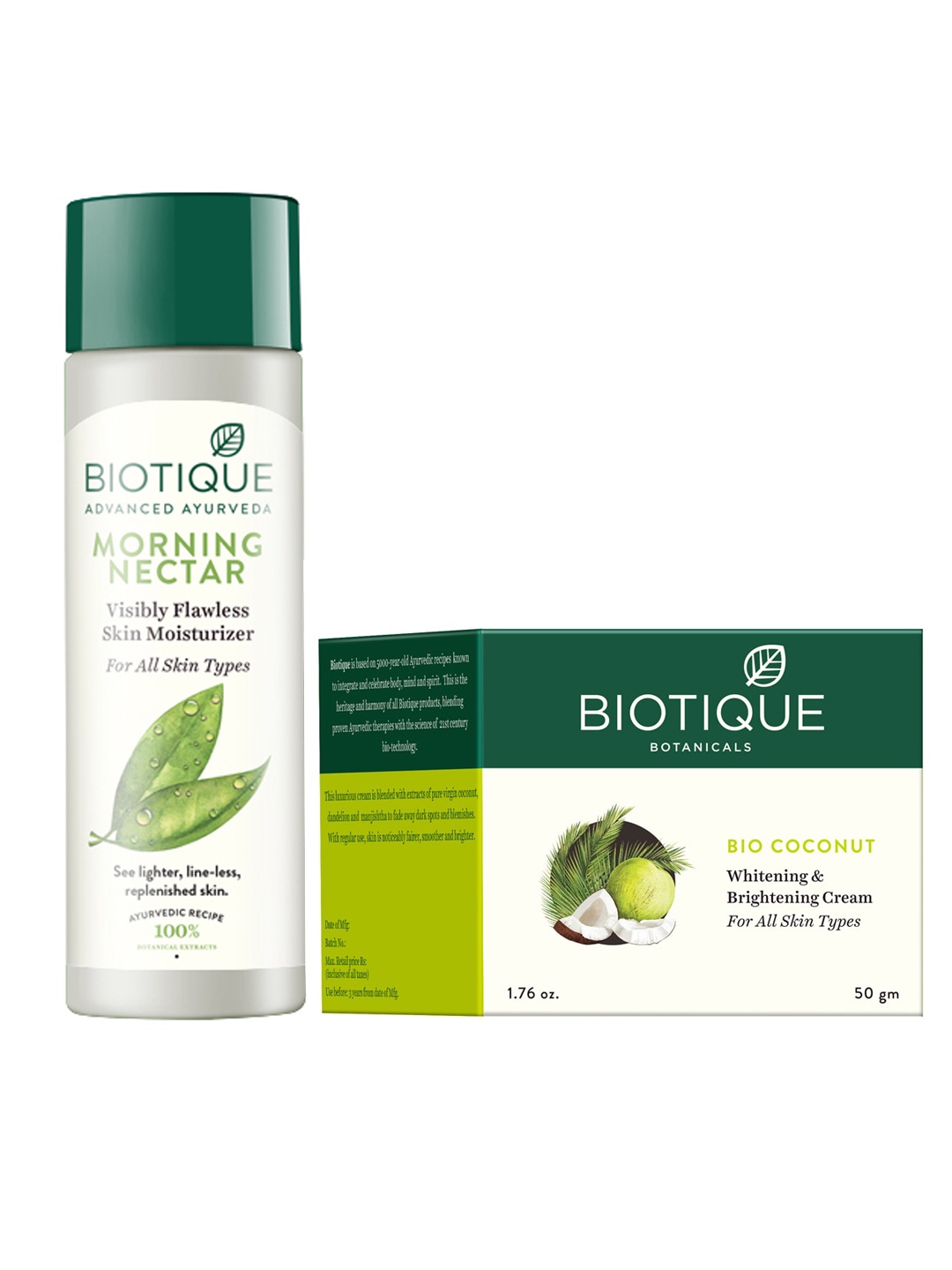 

Biotique Set Of Morning Nectar Sustainable Lotion & Coconut Whitening & Brightening Cream, White