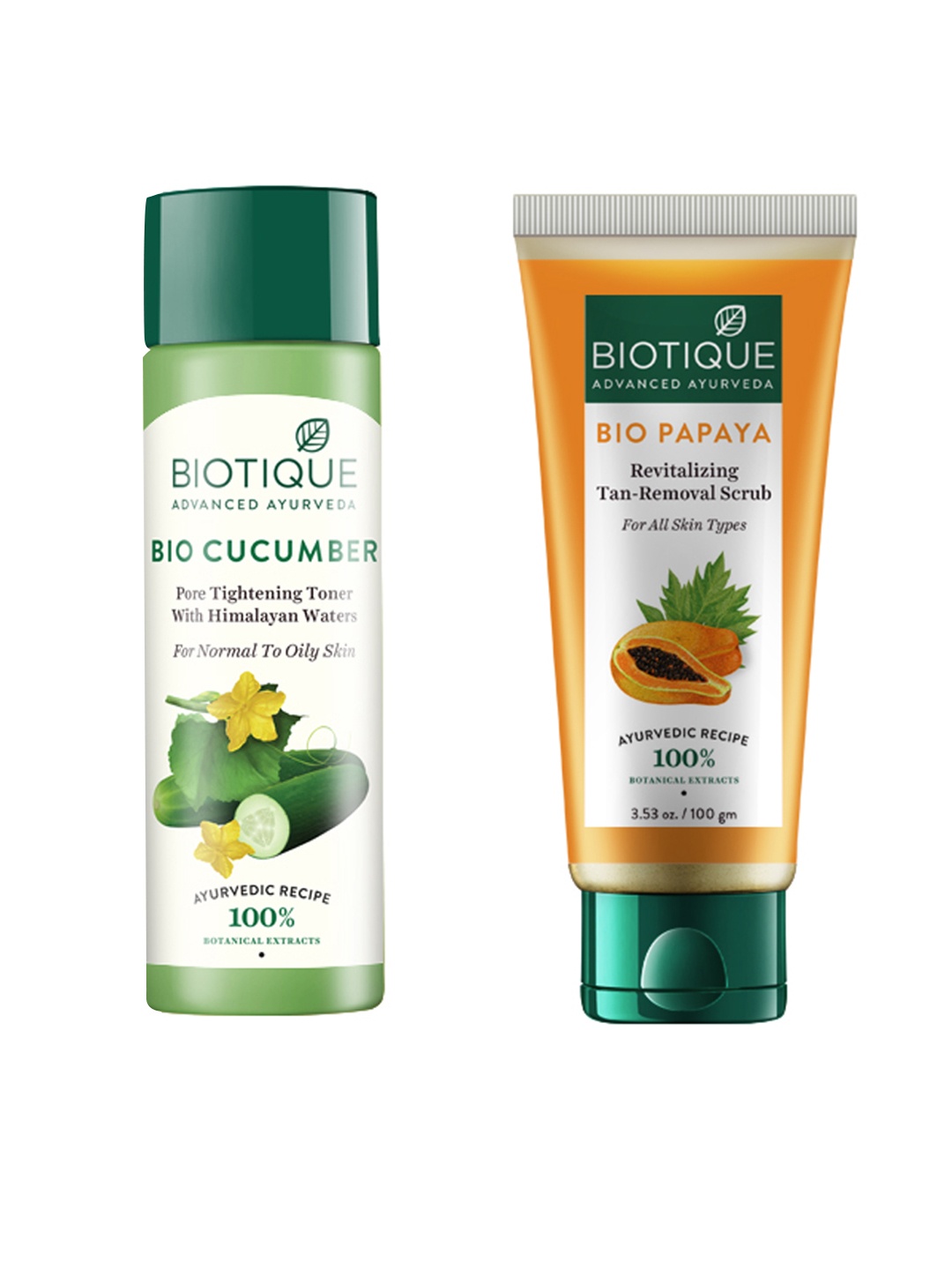 

Biotique Set Of Sustainable Bio Cucumber Toner & Bio Papaya Tan-Removal Scrub, Green