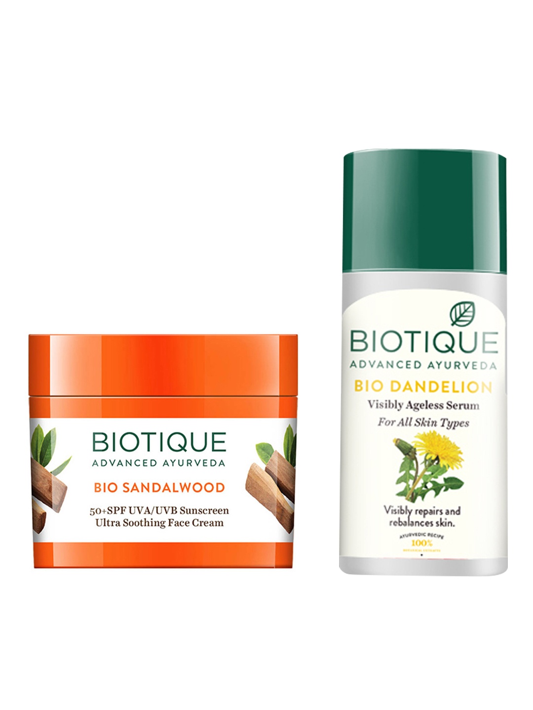 

Biotique Set Of Sandalwood 50+ SPF UVA/UVB Sunscreen & Dandelion Lightening Serum, White