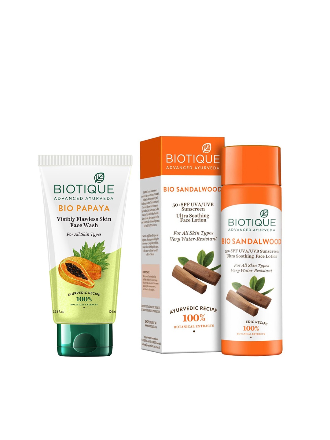 

Biotique Set Of Bio Papaya Face Wash & Sandalwood UVA/UVB Sunscreen Lotion SPF 50+, White