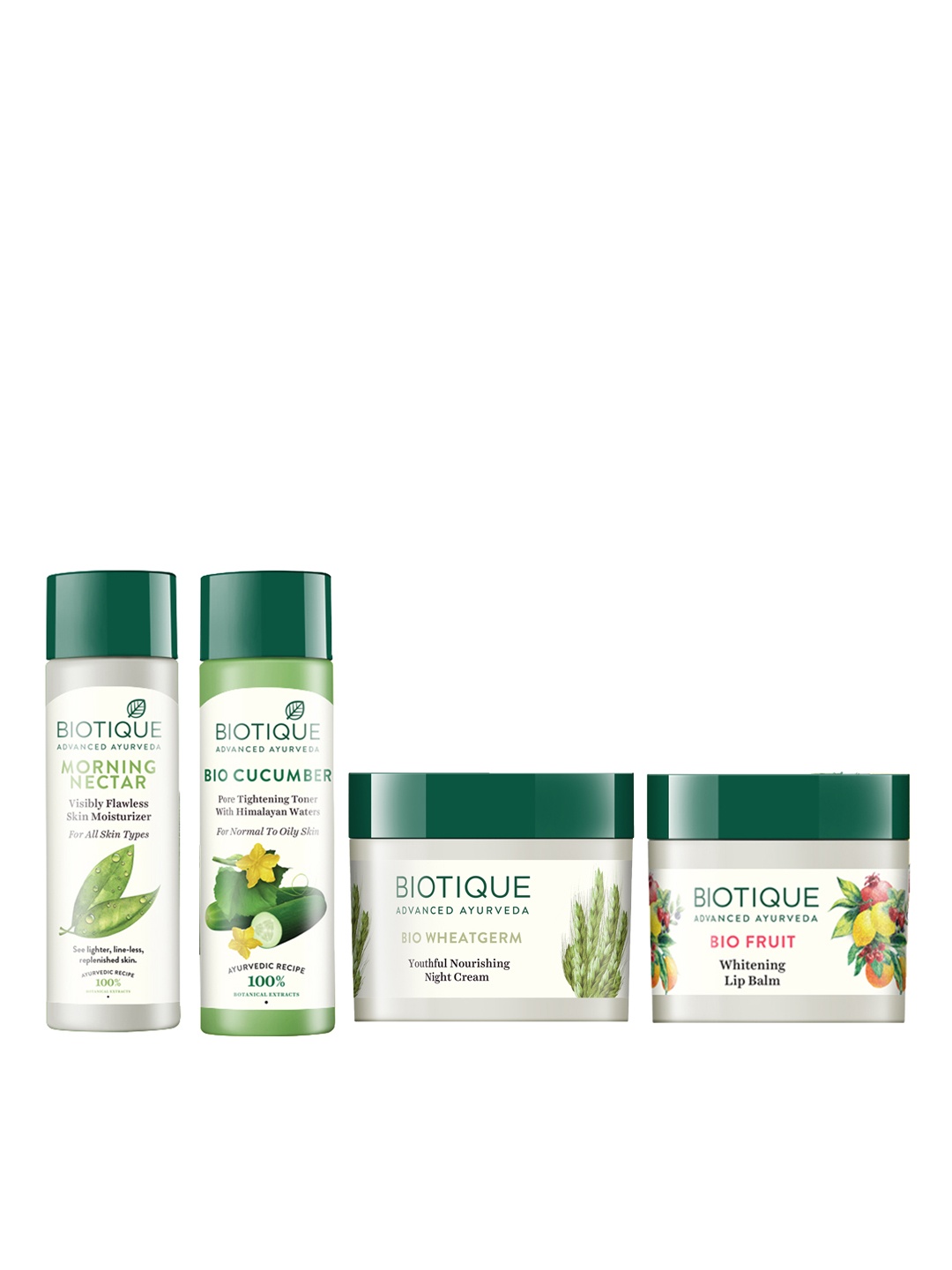 

Biotique Set Of Toner - Morning Nectar Lotion - Wheat Germ Night Cream - Fruit Lip Balm, White