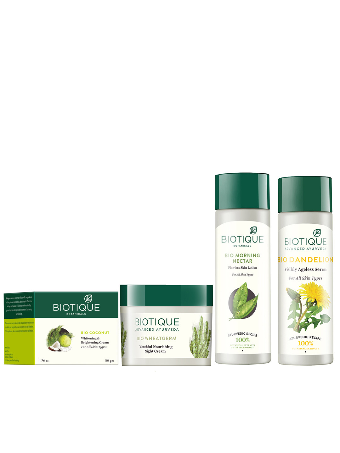 

Biotique Set Of Brightening Cream - Lotion - Wheat Germ Night Cream - Dandelion Serum, White
