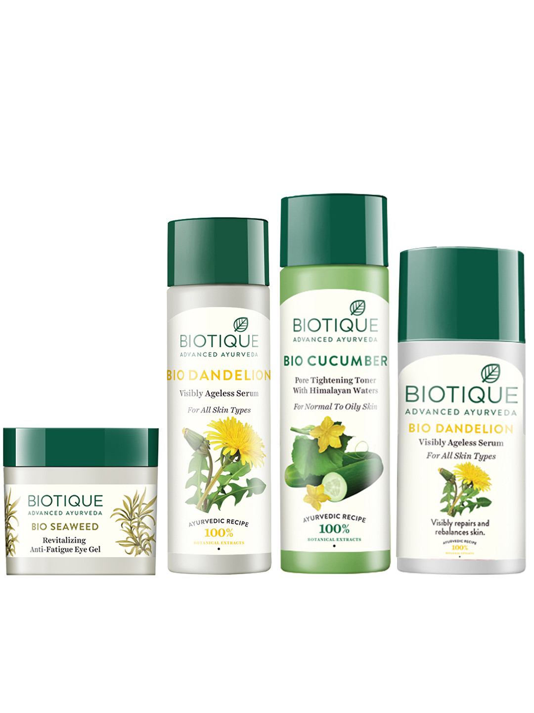 

Biotique Set Of Eye Gel - Cucumber Toner - 2 Dandelion Serums, White