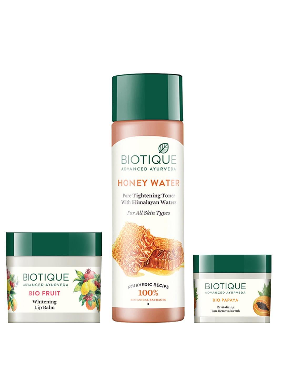 

Biotique Set Of Honey Water Toner - Fruit Lip Balm - Tan Removal Scrub, White
