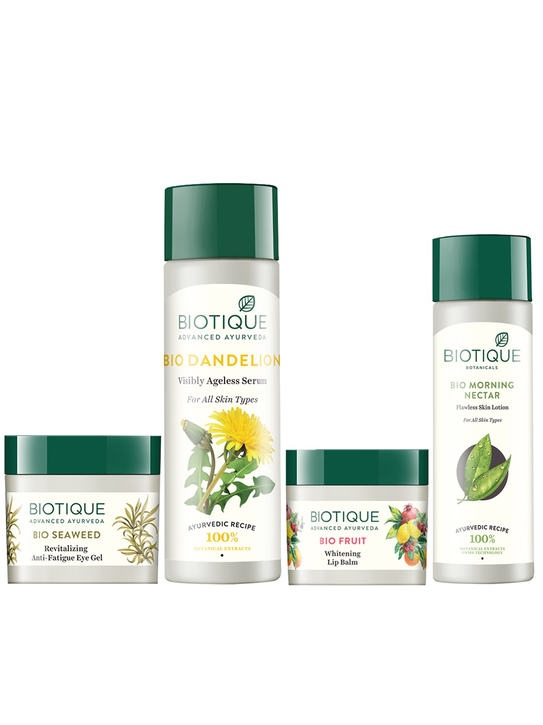 

Biotique Set Of Eye Gel - Fruit Lip Balm - Morning Nectar Lotion- Dandelion Serum, White