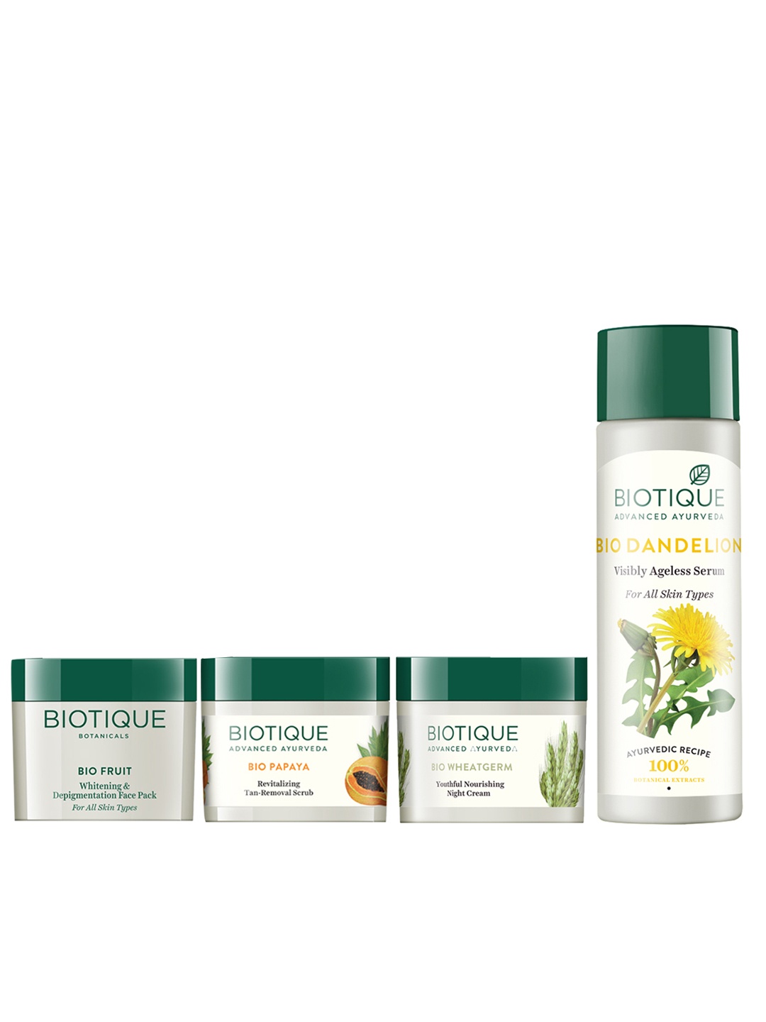 

Biotique Set Of Face Mask - Tan Removal Scrub - Wheat Germ Night Cream - Dandelion Serum, White