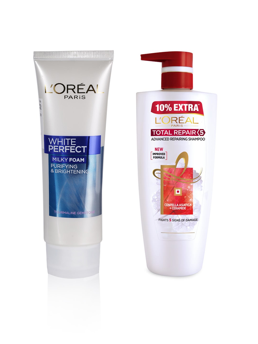 

LOreal Paris Total Repair 5 Advanced Repairing Shampoo & White Perfect Face Wash, Red