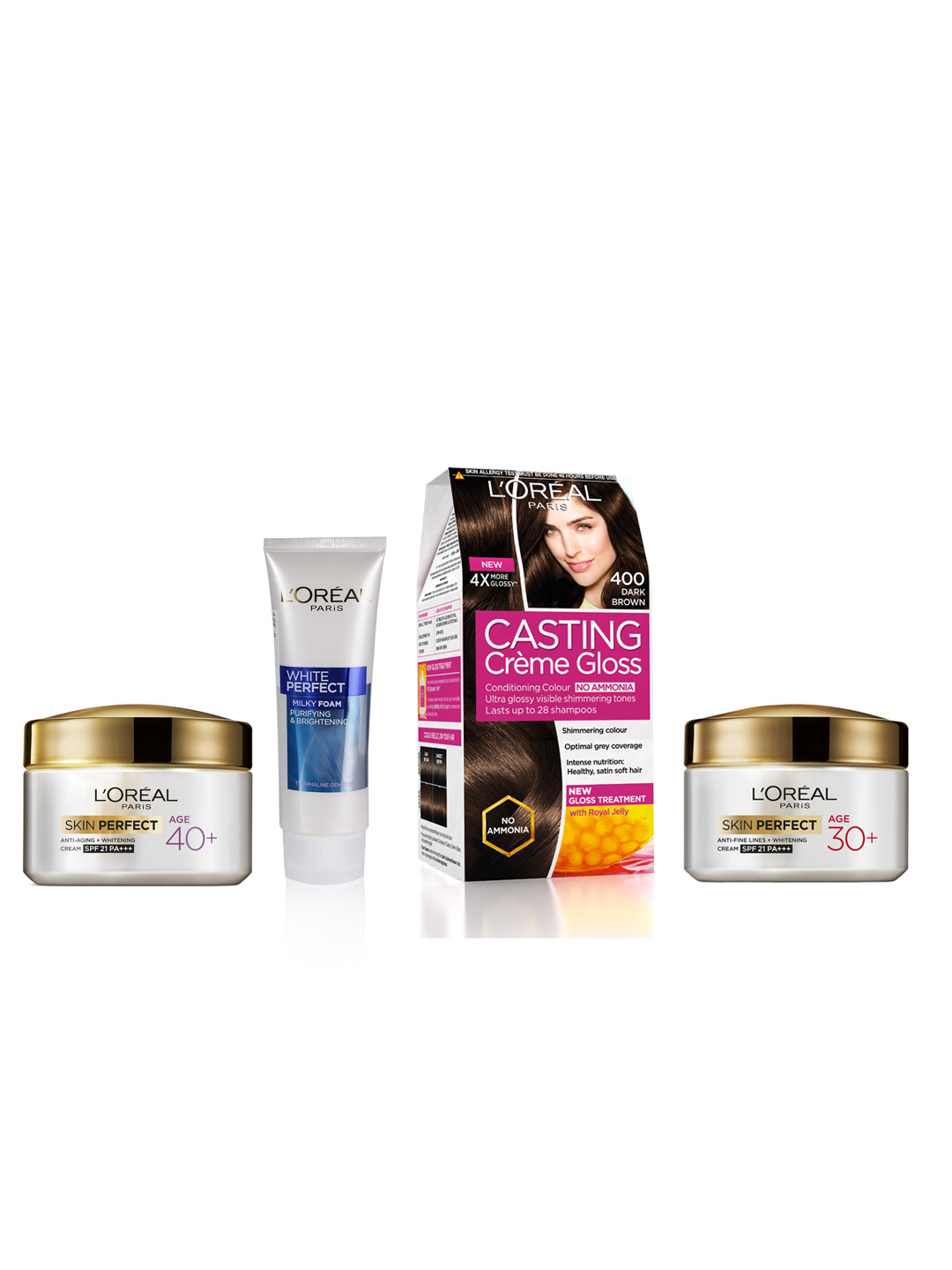 

LOreal Set of Milky Face Wash & 30+ Cream with 40+ Cream & Hair Colour Dark Brown 400, White