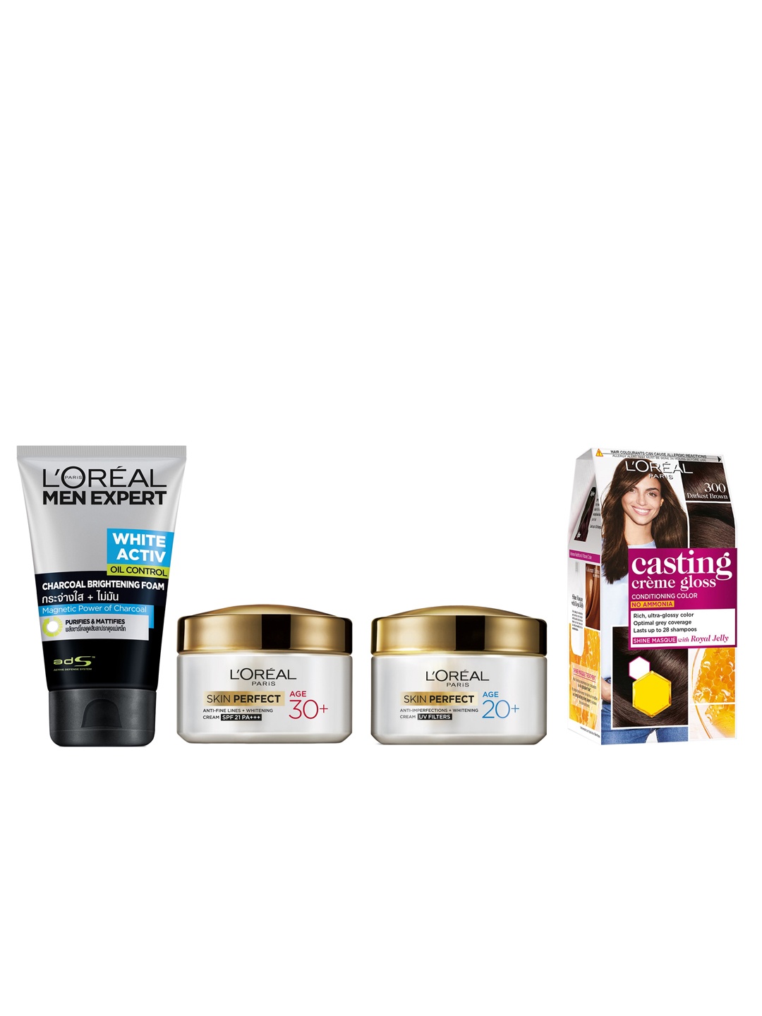 

LOreal Set of Face Wash & Age 20+ Cream with Age 30+ Cream & Hair Colour 300, Brown