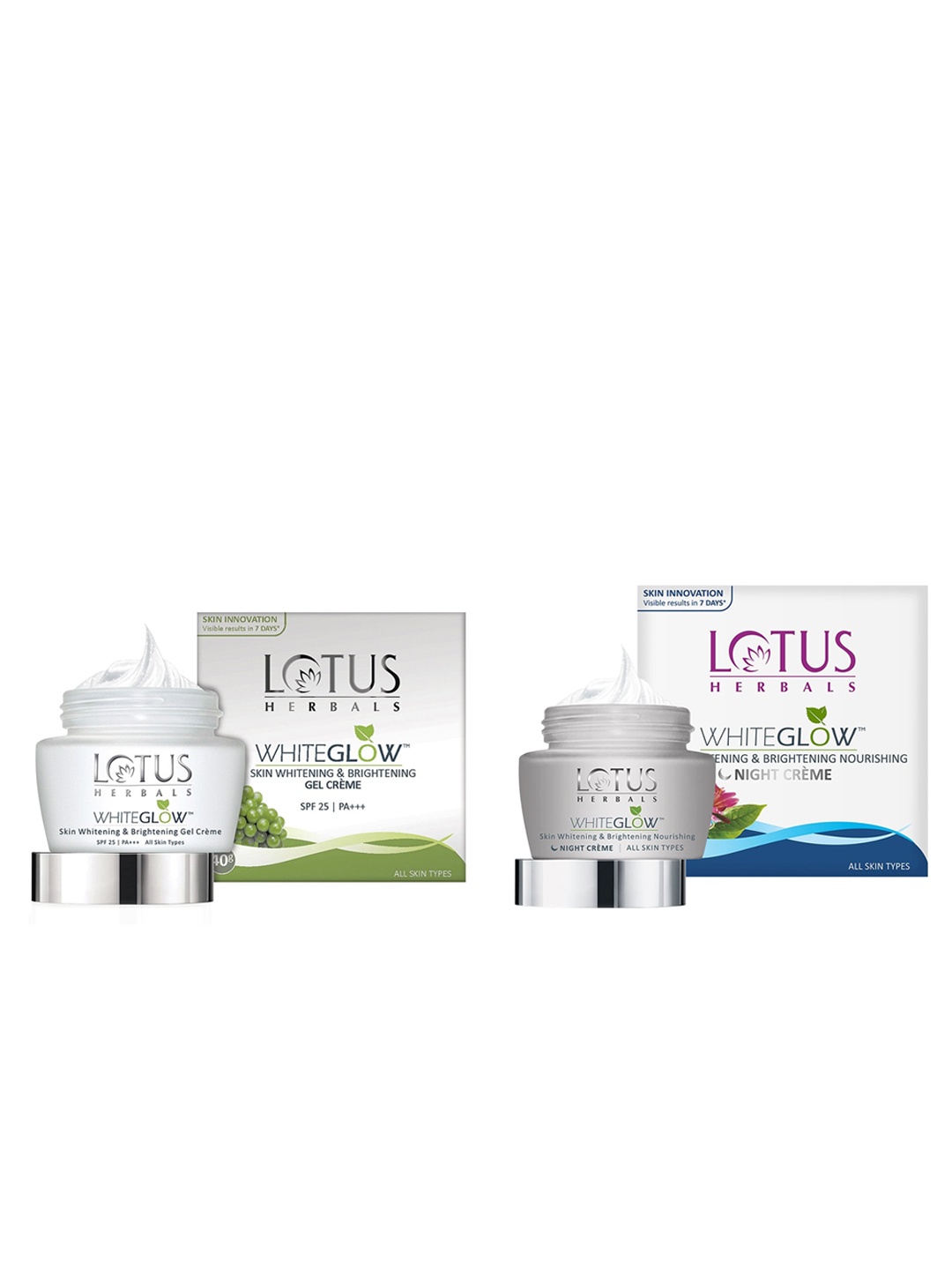 

Lotus Herbals Set of Sustainable Whiteglow Brightening SPF 25++ Gel Creme & Night Creme, White