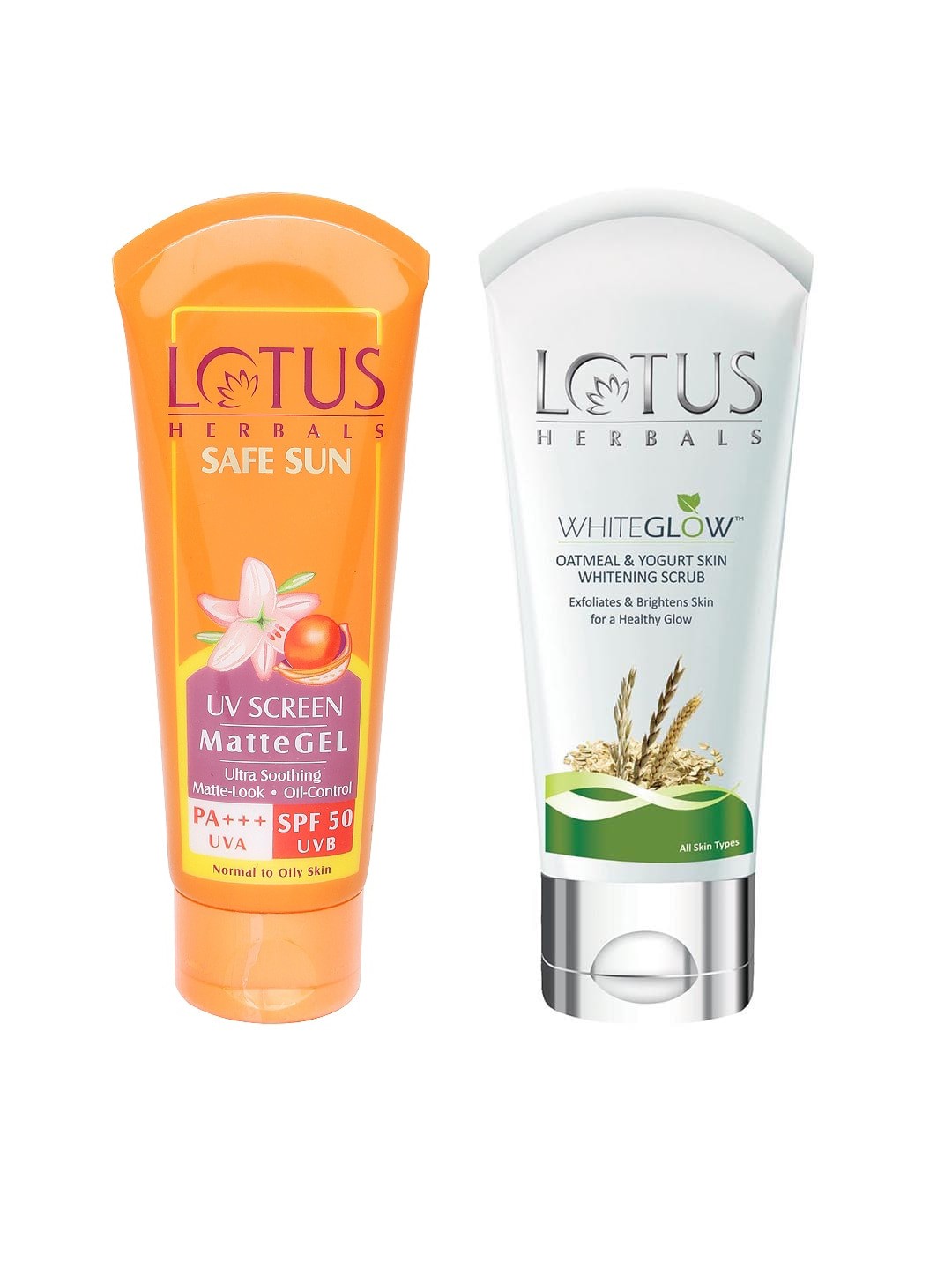 

Lotus Herbals Set of Sustainable UV Sunscreen SPF 50 & WhiteGlow Oatmeal Yogurt Scrub, Orange