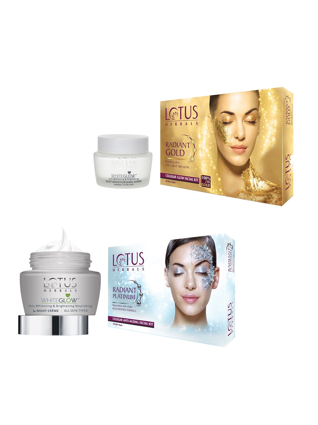 

Lotus Herbals Sustainable Whiteglow Moisturisers with Radiant Gold & Platinum Facial Kit, White