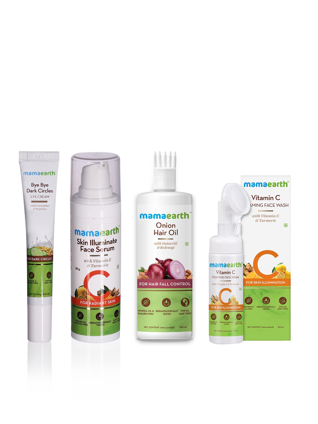 

Mamaearth Set of Sustainable Face Wash & Eye Cream with Face Serum & Onion Hair Oil, White