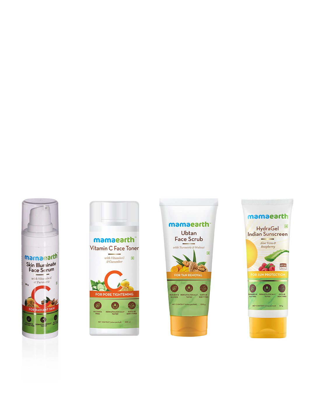 

Mamaearth Sustainable Set Of SPF 50 Sunscreen - Vit C Face Serum - Toner- Ubtan Face Scrub, White