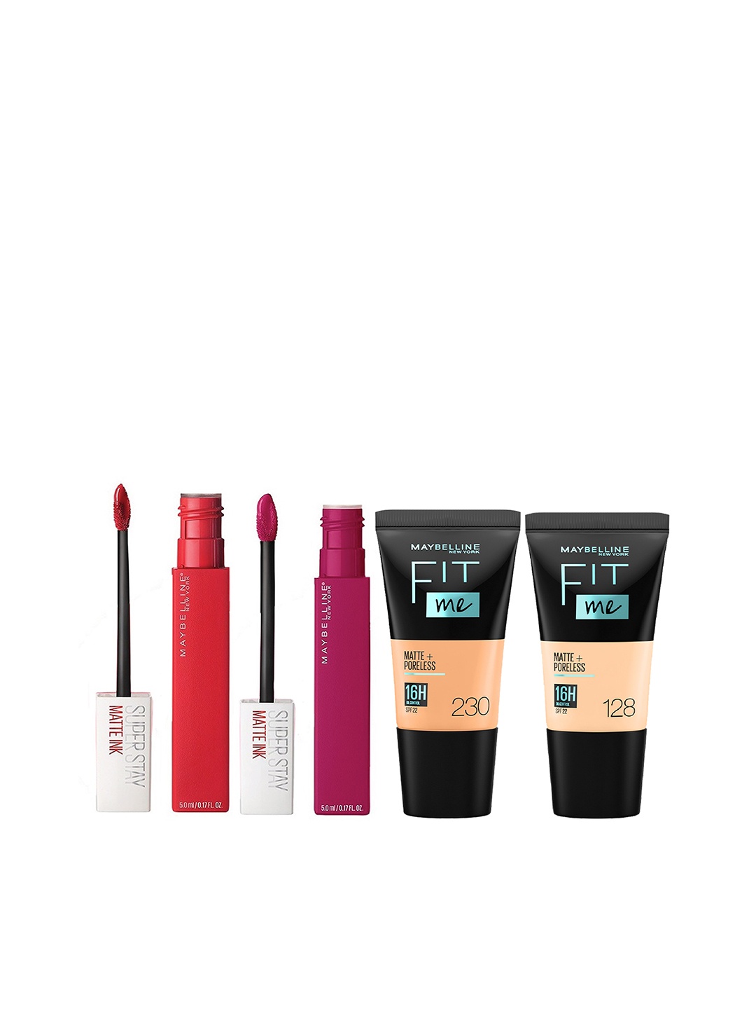 

Maybelline New York Set of 2 Fit Me Foundations & 2 Super Stay Matte Ink Liquid Lipsticks, Pink