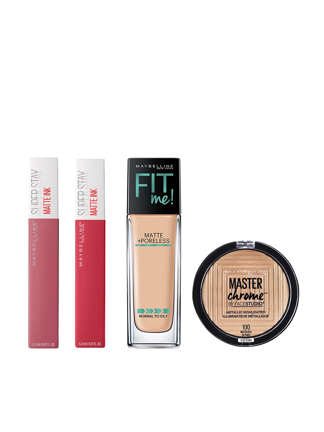 

Maybelline Set Of Super Stay Matte Liquid Lipsticks - Fit Me Foundation - Highlighter, Red