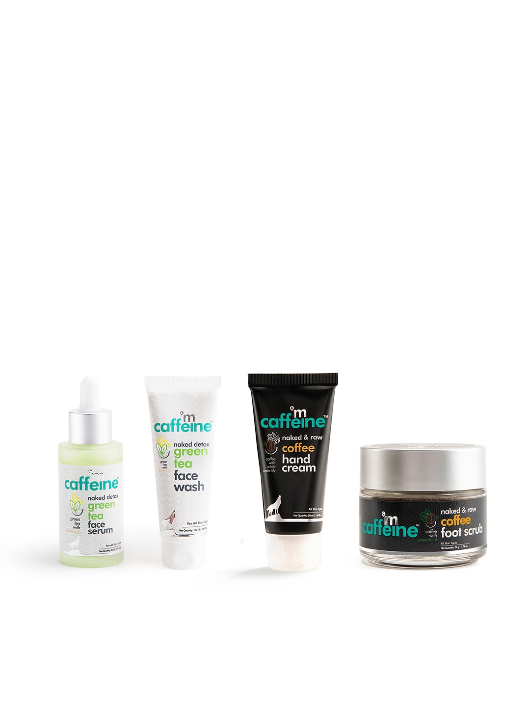 

MCaffeine Sustainable Set Of Face Serum- Face Wash- Foot Scrub-Hand Cream, White