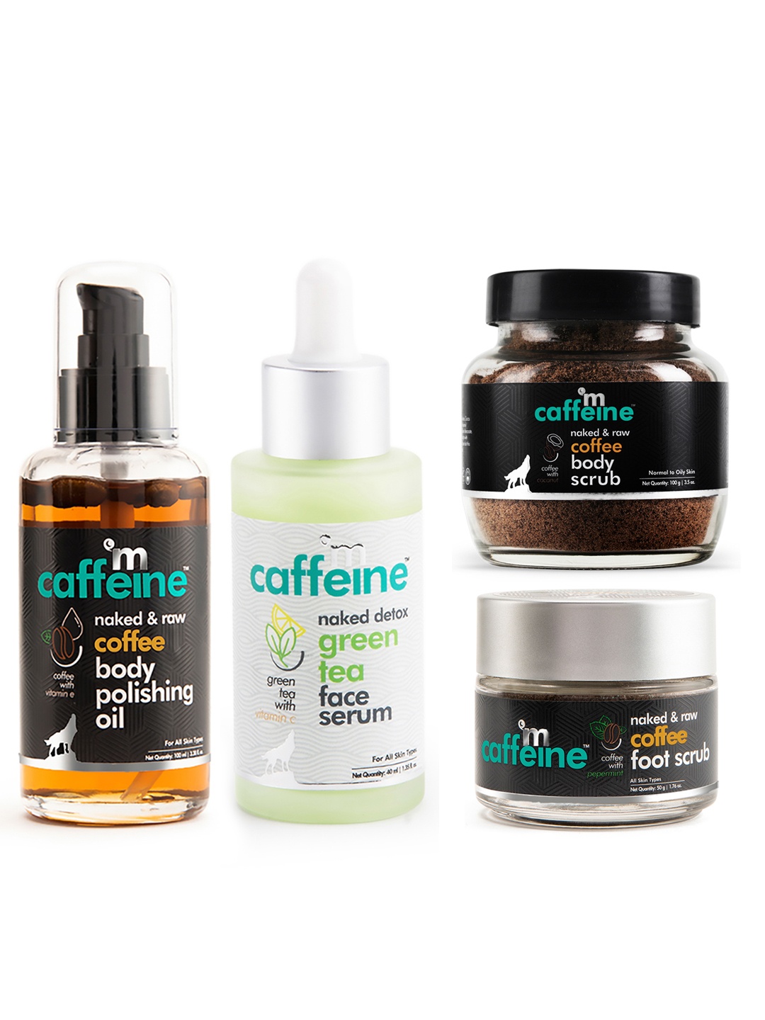 

MCaffeine Naked Set Of Face Serum-Body Scrub-Body Polishing Oil-Foot Scrub, White
