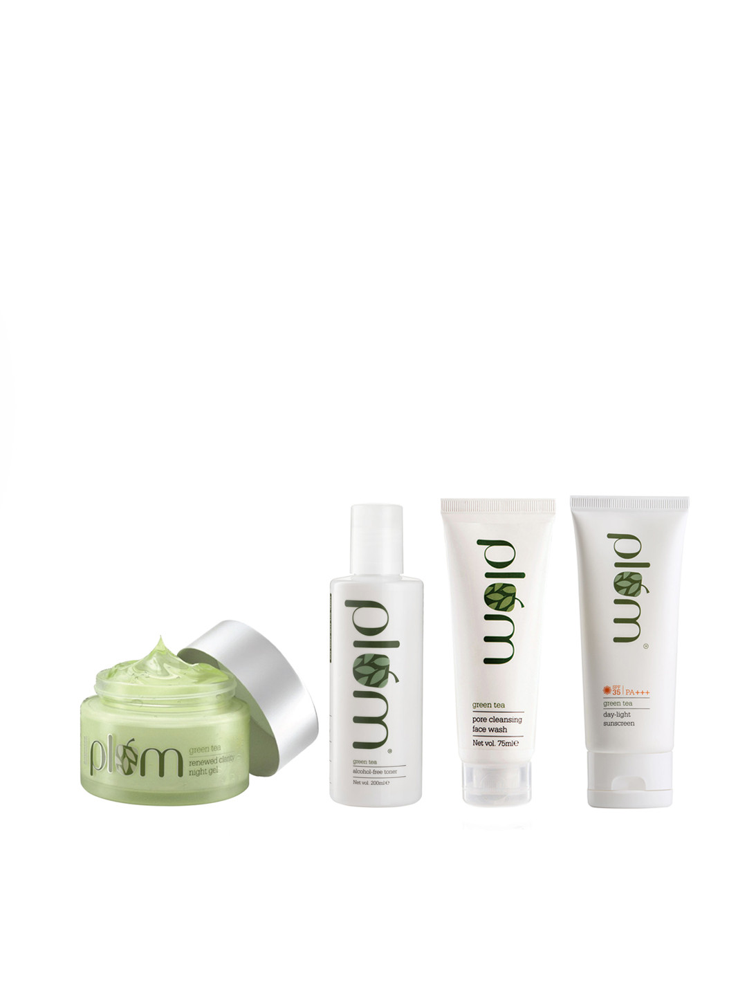 

Plum Green Tea Sustainable Set Of Toner-Face Wash- Night Gel-Day-Light Gel Sunscreen