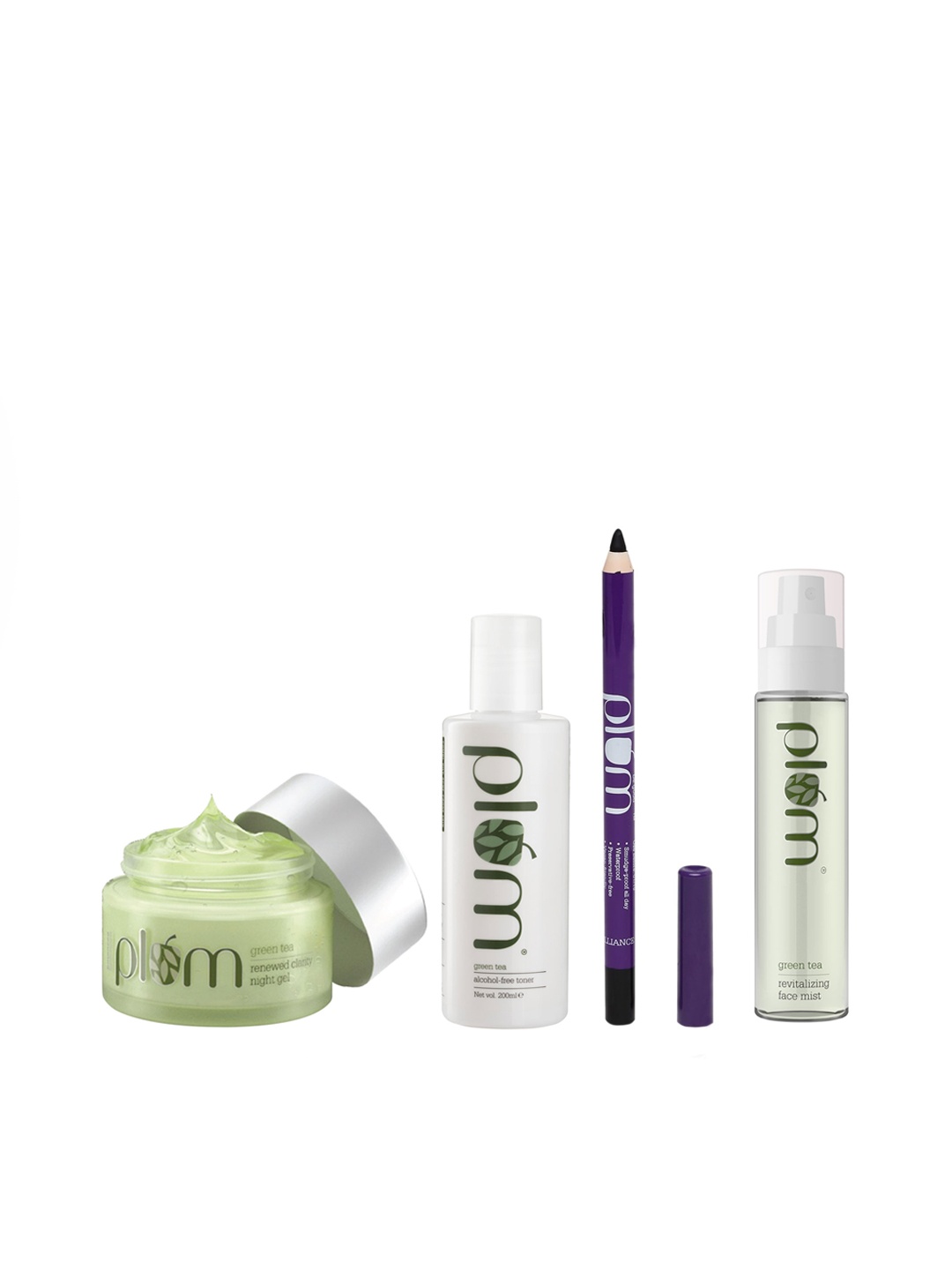 

Plum Green Tea Sustainable Set Of Toner-Kajal with Sharpner-Night Gel-Face Mist