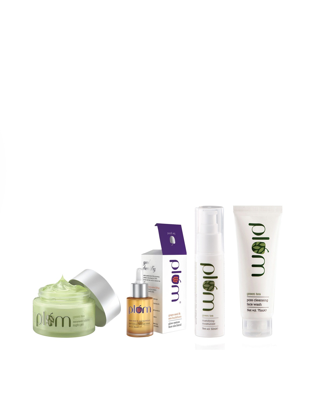 

Plum Green Tea Sustainable Set Of Moisturizer-Face Wash-Face Oil-Night Gel, Gold