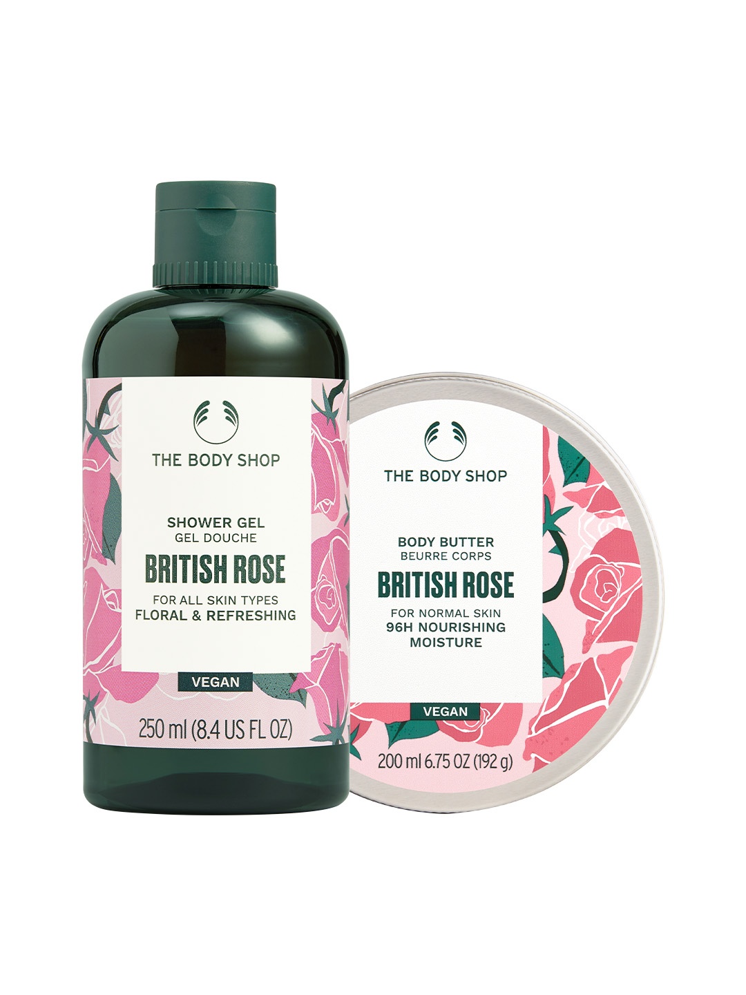 

THE BODY SHOP British Rose Shower Gel & Sustainable Instant Glow Body Butter, Pink