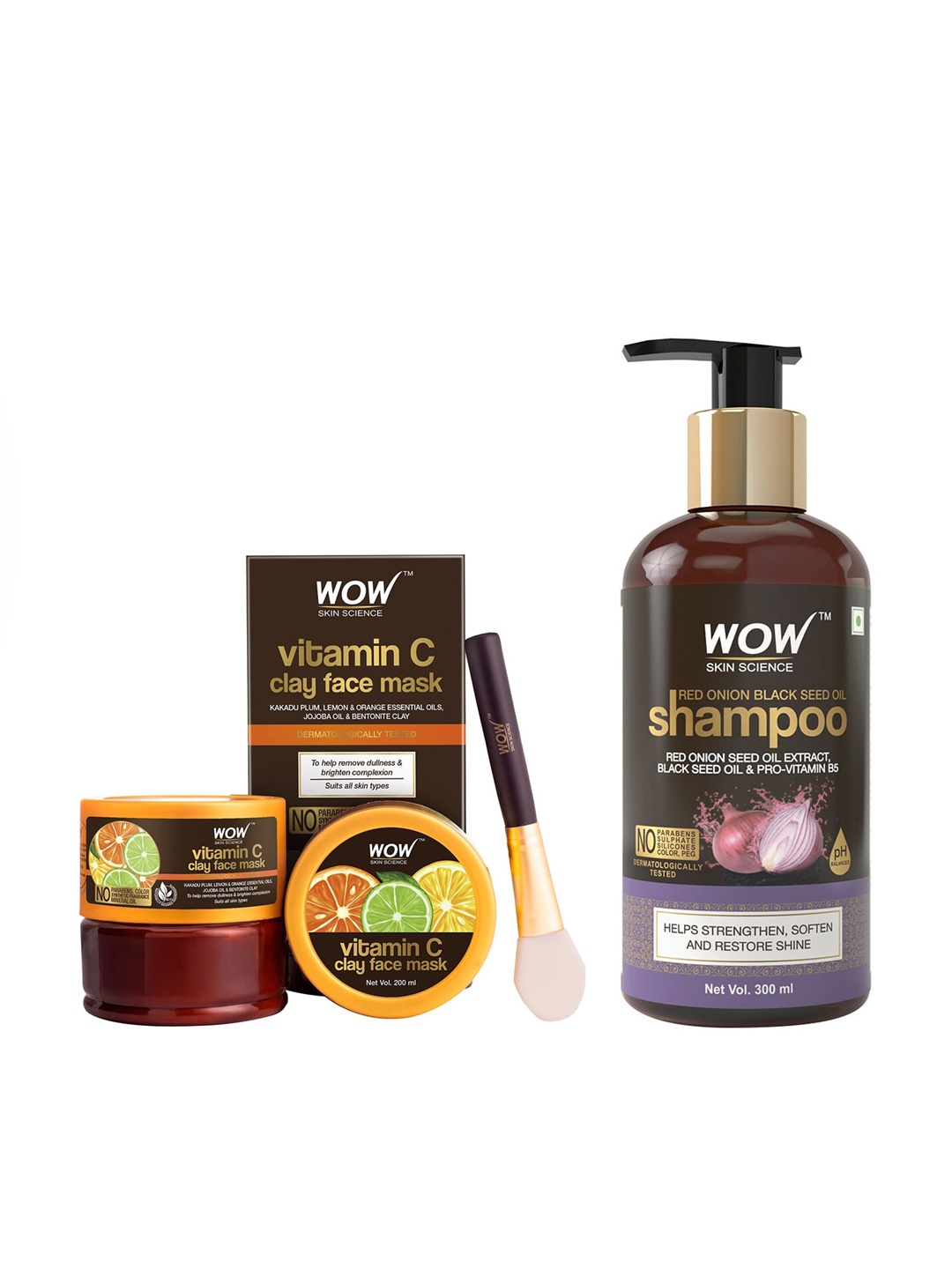 

WOW SKIN SCIENCE Unisex Set of Glow Clay Mask & Onion Black Seed Oil Shampoo - 500 ml, Brown